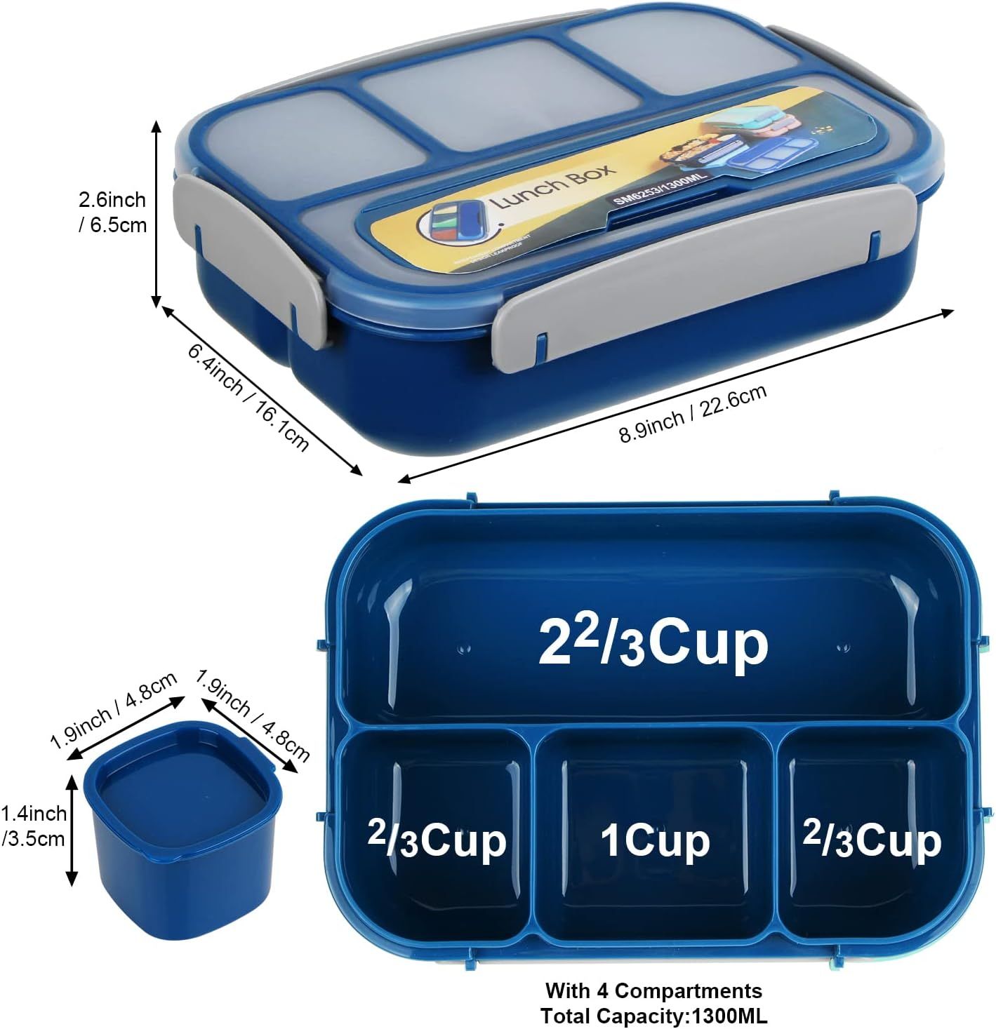 1300 mL 4 Compartment Bento Lunch Box, BPA Free Food Container for Adults, Kids, School, Work, Picnics and Meal Prep, Blue — image 2