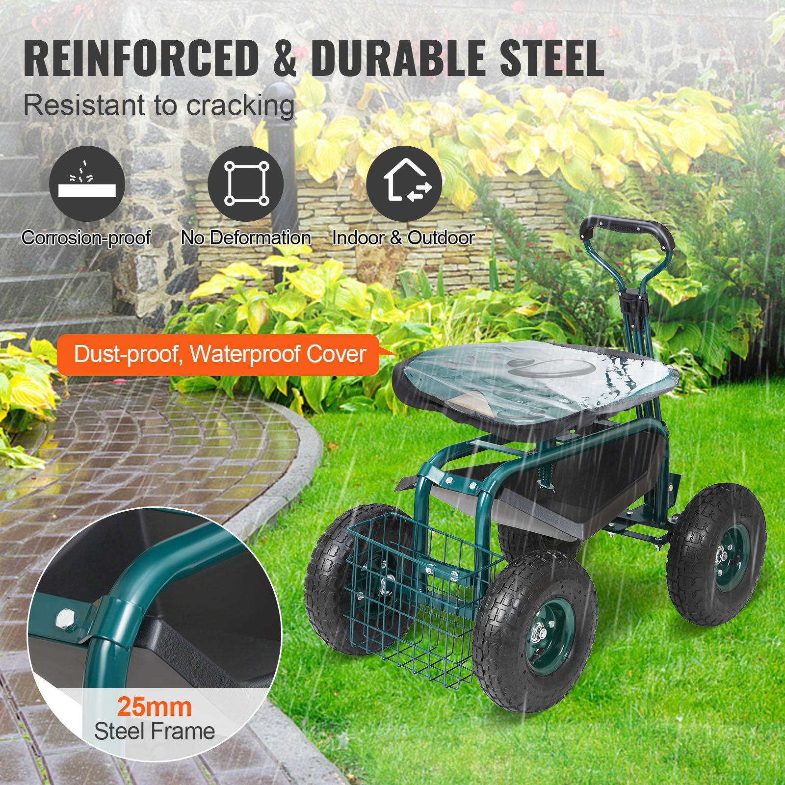 Garden Cart Rolling Workseat with Wheels, Gardening Stool for Planting, 360 Degree Swivel Seat, Wagon Scooter with Steering Handle & Utility Tool Tray, Use for — image 6