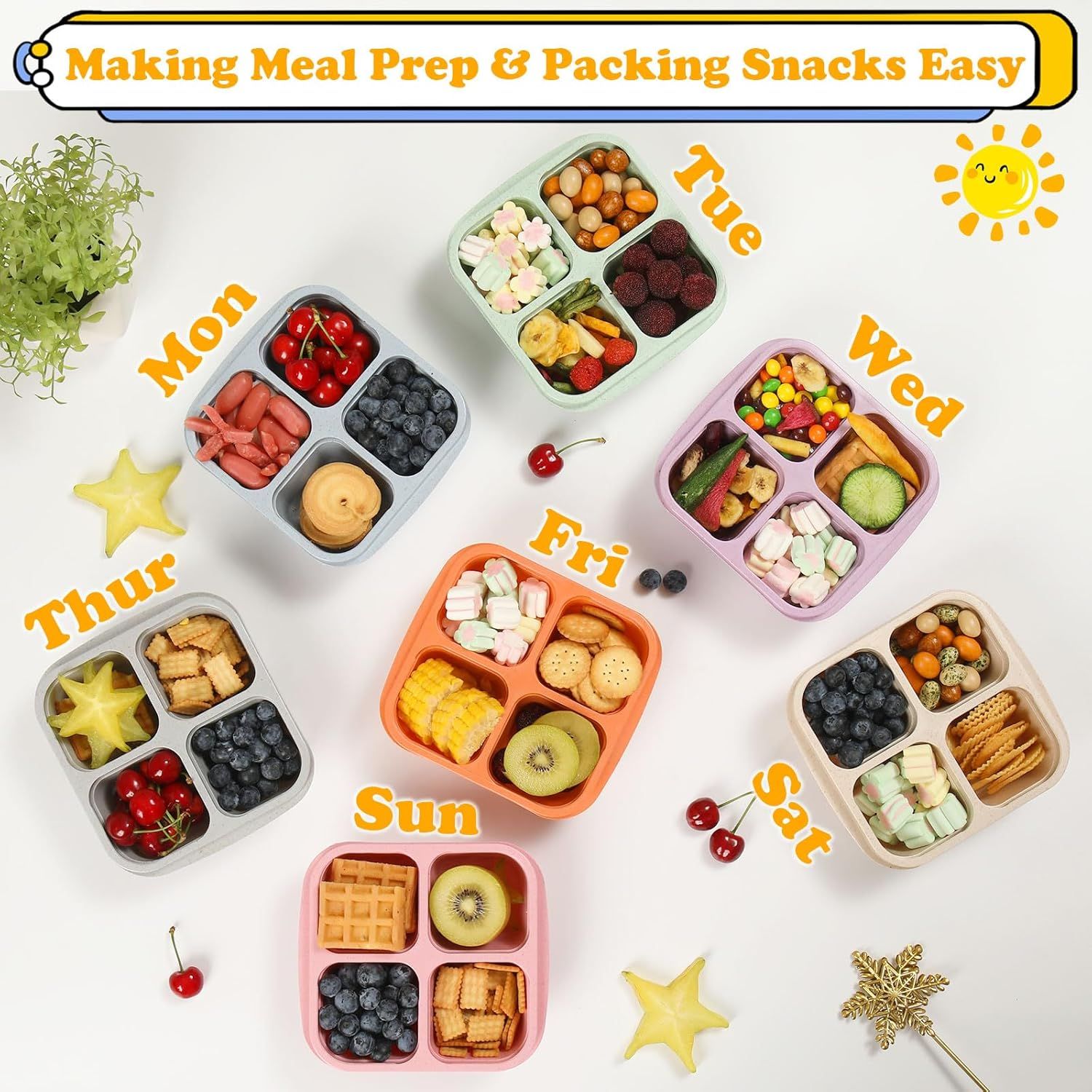 4-Pack Wheat Straw Bento Snack Boxes, 4-Compartment Reusable Lunch Containers for Kids & Adults, BPA-Free Portion Control, Microwave & Freezer Safe — image 2