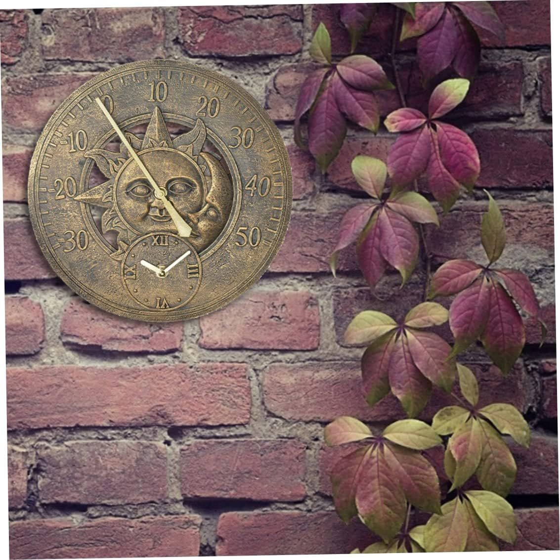 Garden Thermometer Clock Outdoor Vintage Wall Station Clock Decorative Retro Hanging Clock Sun Moon Pattern Waterproof — image 3