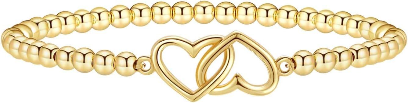 Women's Gold Bracelet 14K Gold Plated Beaded Bracelet Gold Stretch Beaded Bracelet Handmade Ball Bracelet Exquisite Gold Jewelry Gift