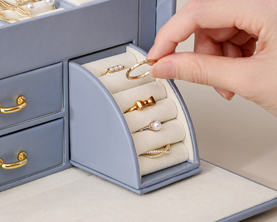 Light Blue Luxury PU Leather Jewelry Storage Box - 3-Tier Organizer with Mirror for Necklaces, Earrings, and Rings(Jewelry is a photo prop and is not — image 6