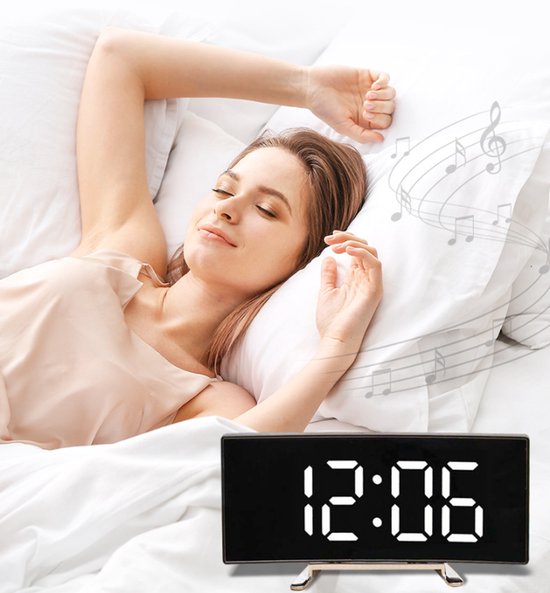 Multifunctional electronic alarm clock with light effect - Creative large screen - Curved LED light - Digital home mirror - Clock decoration - Black casing — image 3