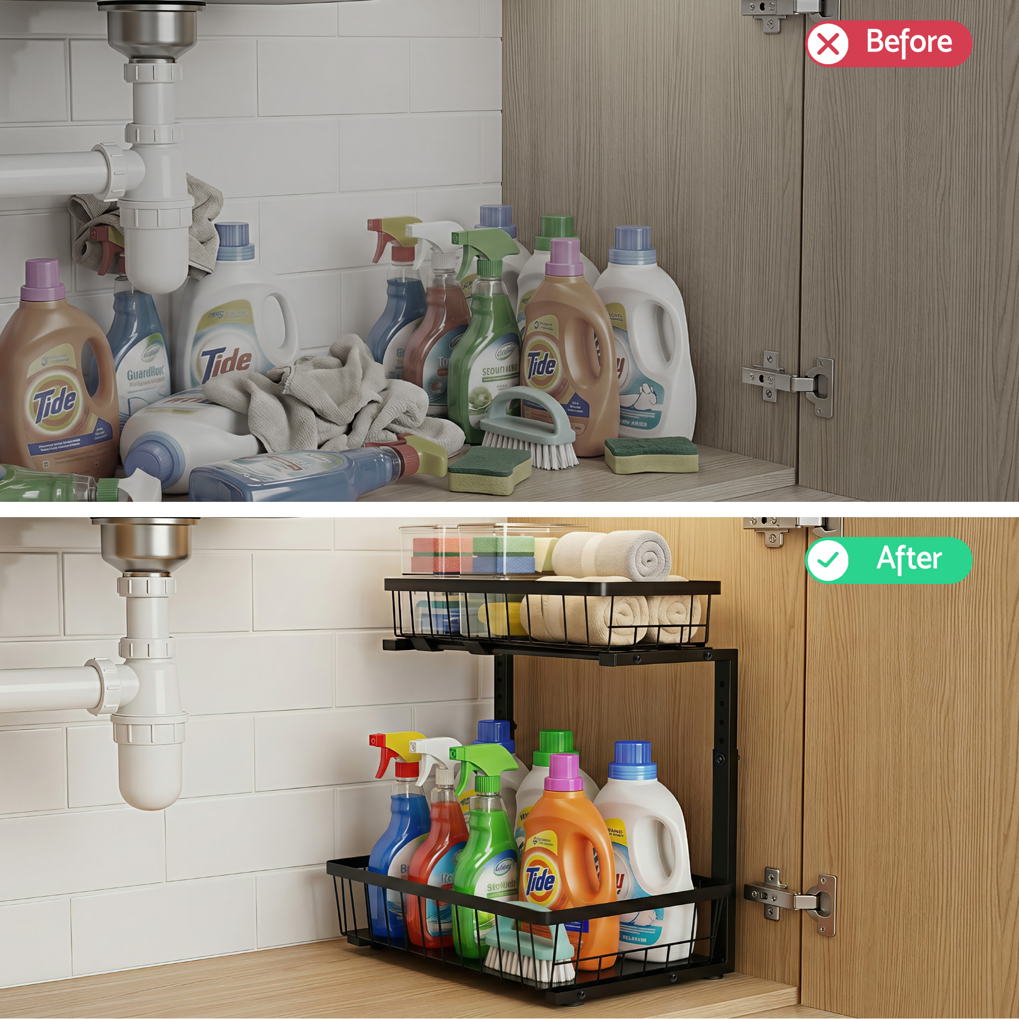 Artiss Under Sink Organizer Storage with 2 Slide Out Drawers 5 Adjustable Height Bathroom Kitchen Cabinet Black โ image 6