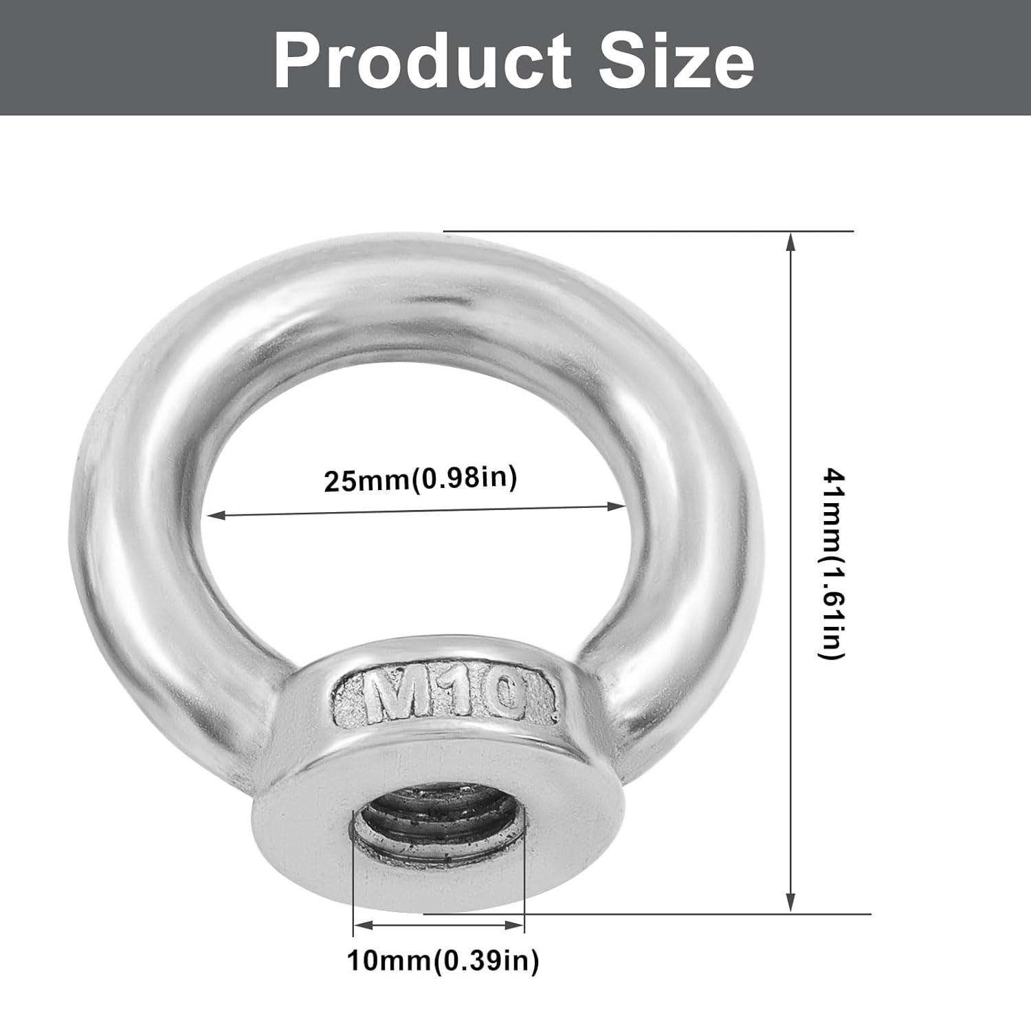 6 Pcs M10 304 Stainless Steel Lifting Eye Nut, 3/8" Metric Ring Shape Nut Threaded Fastener for Boating/Industrial Use — image 2