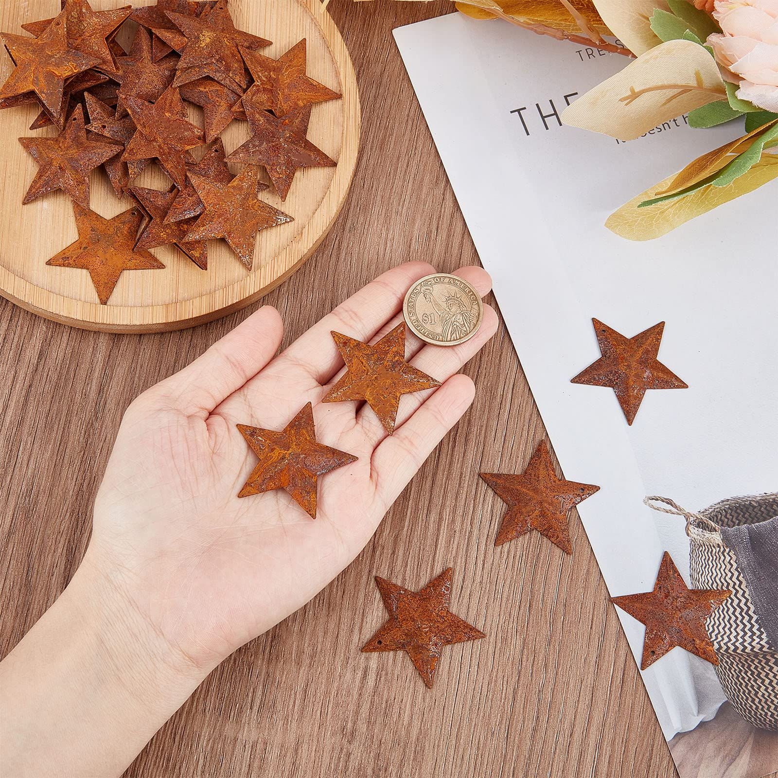 30PCS1.5" Rusty Metal Barn Star Vintage Antique Primitives Country Decor Tin Steel Stars with Holes Rustic Ornament Original Retro — image 3