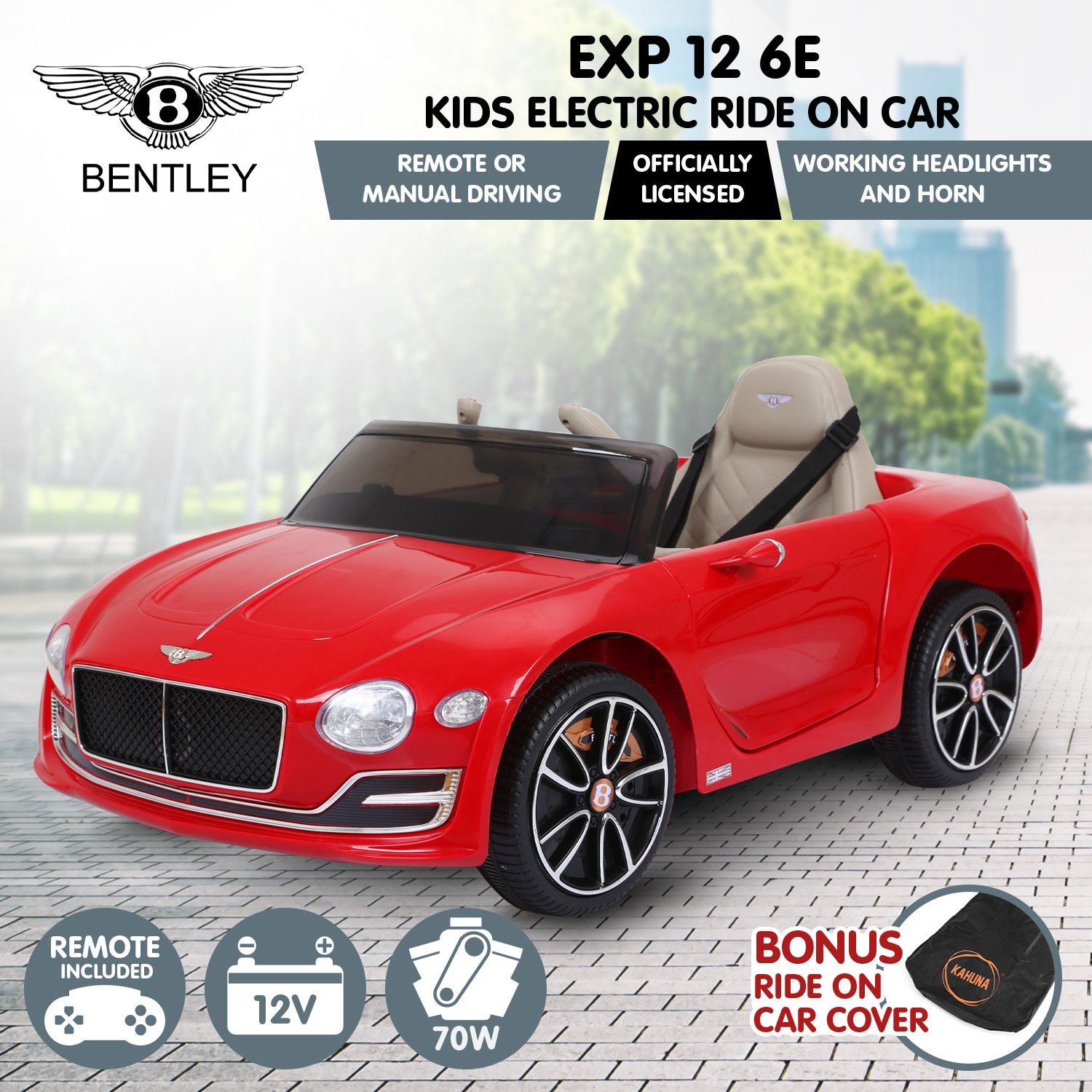 Kahuna Bentley Exp 12 Speed 6E Licensed Kids Ride On Electric Car Remote Control - Red — image 3