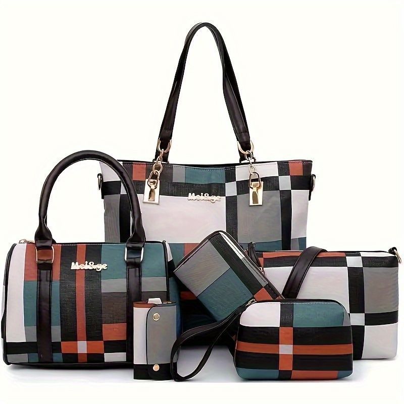 Women'S Bag Set Six Piece Bag Set Checkered Bag Large Capacity Bag Korean Style - Brown - Size 30-27-13 — image 4