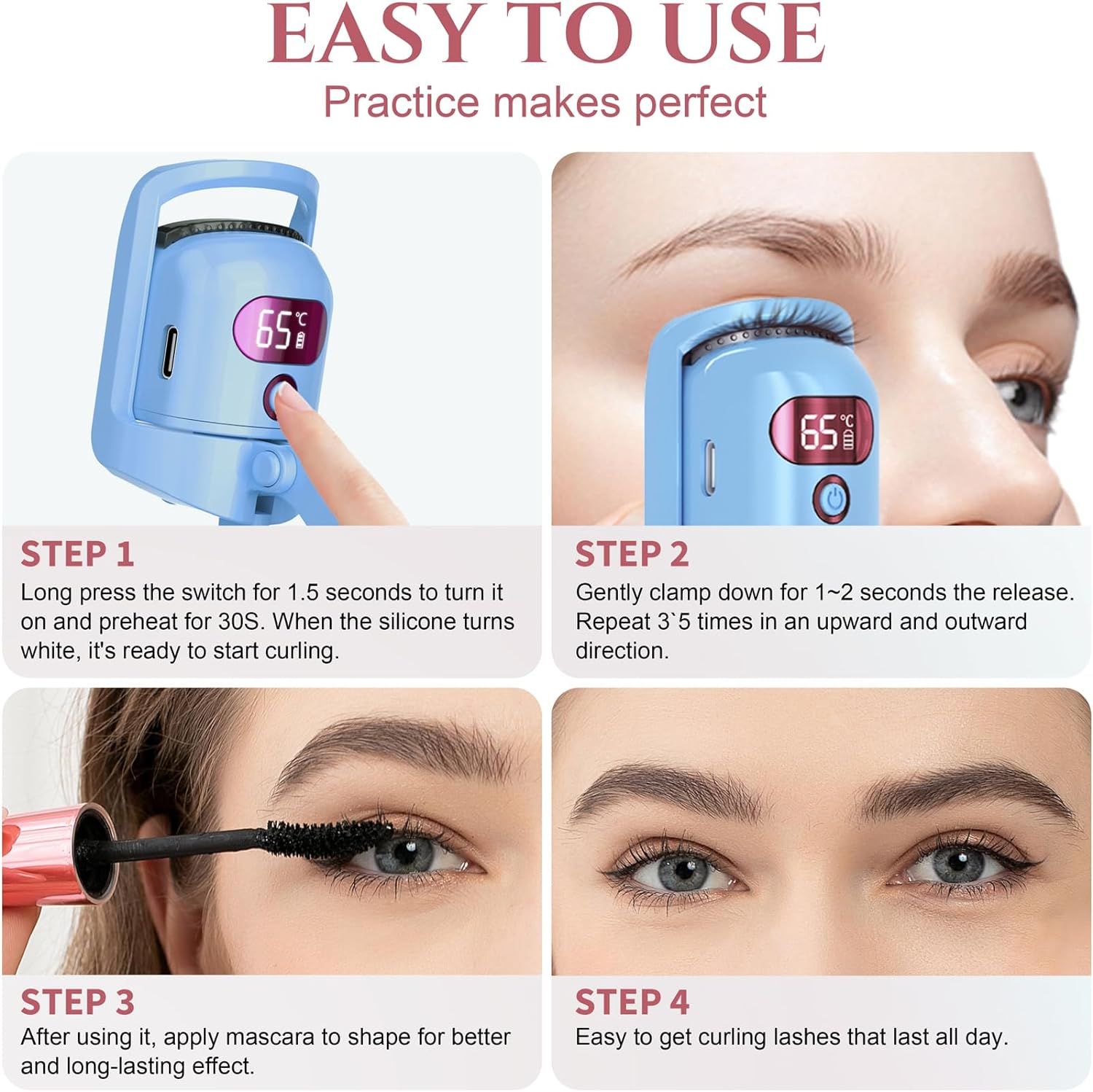 Heated Eyelash Curler, 4 Heating Temperature Display Heated Lash Curler Rechargeable, for Long-Lasting Curled Lashes (Blue) — image 4