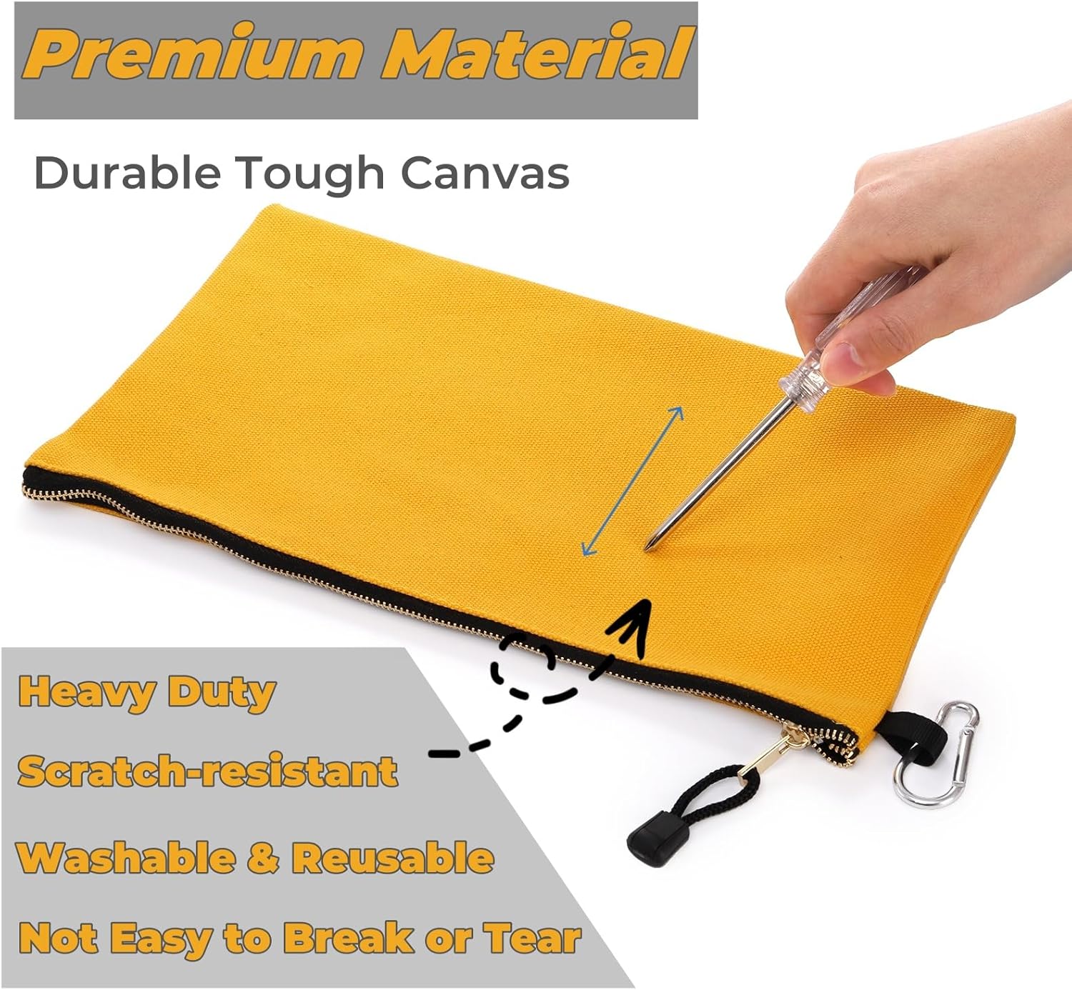 7 Pack Canvas Tool Pouch, 16 OZ Heavy Duty Zipper Utility Bags, 12" x 7" Multipurpose Storage Organizer Tote Bag with Carabiner for Gadgets Cosmetics Office — image 4