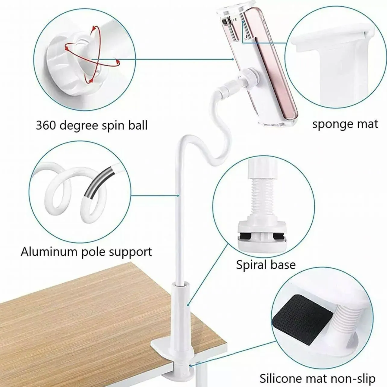 Adjustable Flexible Phone Tablet Holder with Clamp for Bed Desk Mount Use - White — image 5