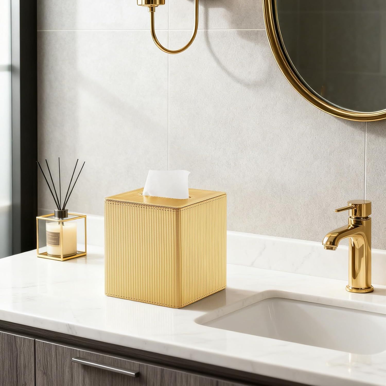 PU Leather Tissue Box Cover Square, Cube Tissue Box Holder with Magnetic Closure, Decorative Tissue Holder for Bathroom Bedroom Office (Gold, Square) โ image 4