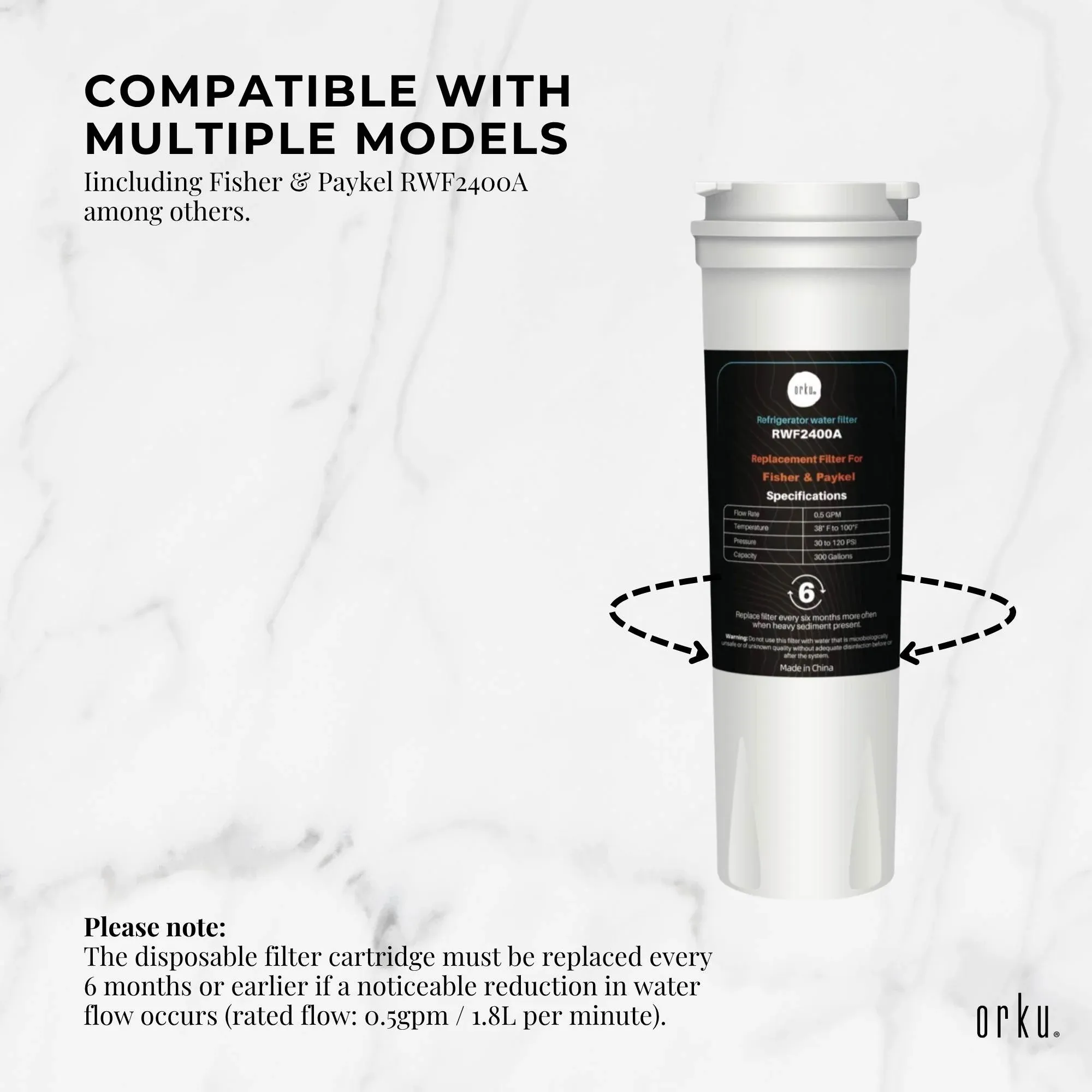 Orku Fridge Water Filter Cartridge for Fisher & Paykel RWF2400A 836848 836860 — image 4