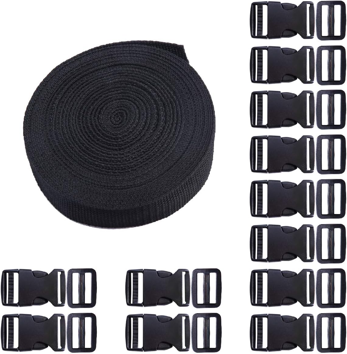 Plastic Buckle Kit Nylon Strap with Quick Release Buckle 12 Sets 1 Inch and Tri-Glide Slides with 11 Yards Nylon Strapping 1 Inch (Black)