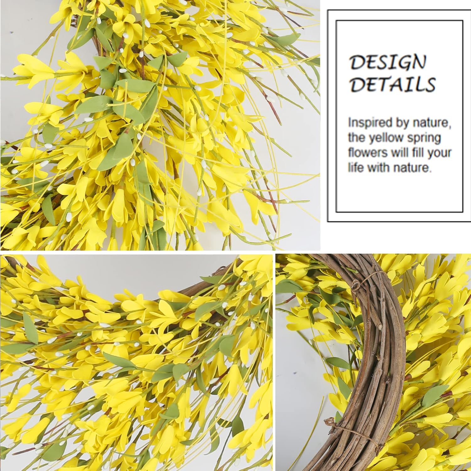 24" Spring Wreaths for Front Door Artificial Forsythia Flower Wreath on Grapevine Yellow Wreath with Green Leaves Silk Floral Wreath for Home Indoor Wall — image 2