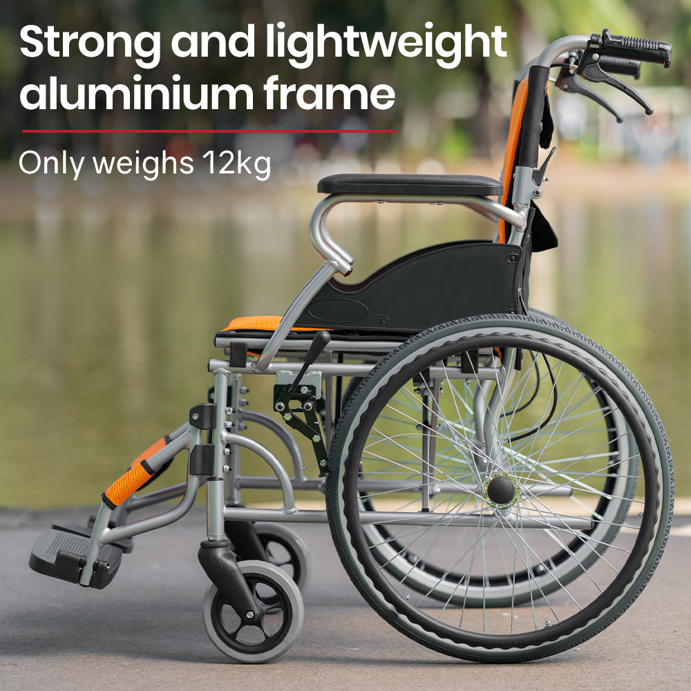 EQUIPMED Folding Aluminium Wheelchair, 20" Wheels, Park Brakes, 100kg Capacity, Orange — image 2