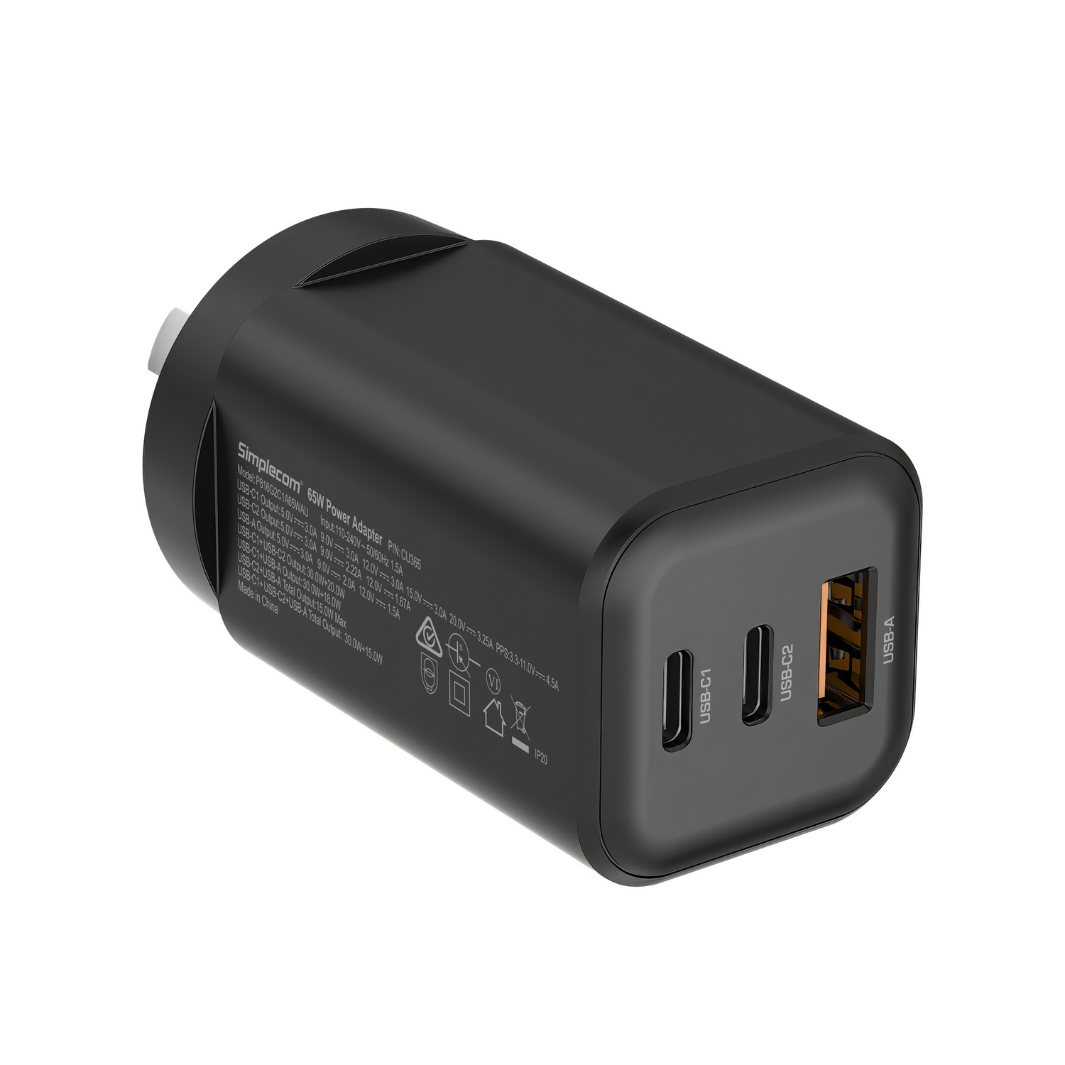 Simplecom CU365 3-Port PD 65W GaN Wall Charger Dual USB-C + USB-A for Phone Laptop โ image 2