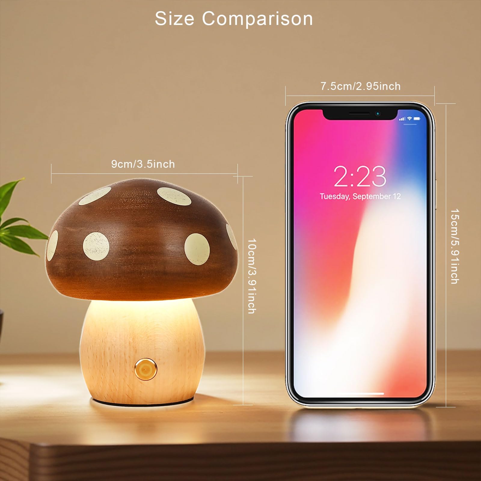 Touch Control Mushroom Night Light – Rechargeable Wooden Desk Lamp with 4 Brightness Levels, Soft Warm Glow for Baby Nursery, Bedroom, or Travel (Wooden Color) — image 4