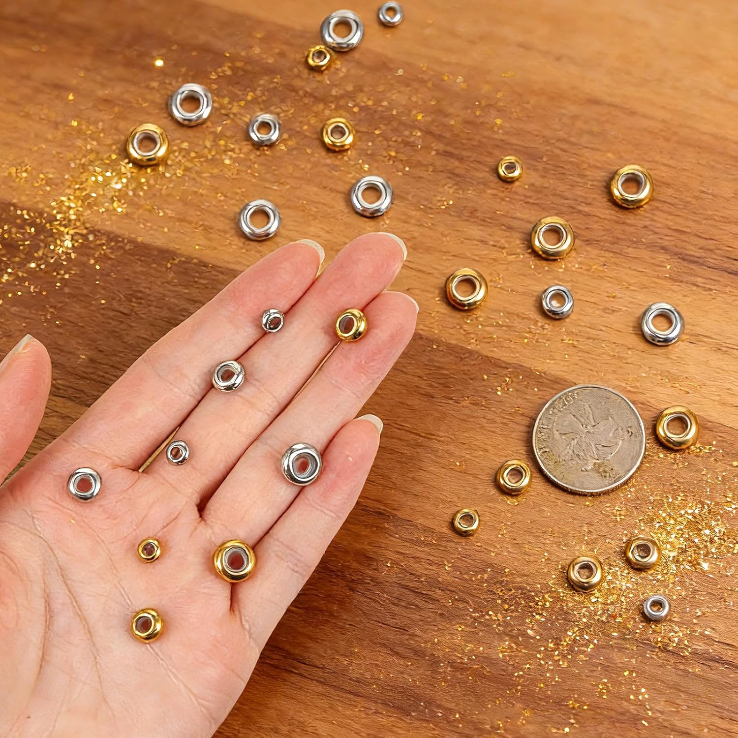 36Pcs Stopper Beads for Bracelets,Spacer Beads with Rubber Gold Silver Slider Bead Adjustable Charm Stoppers for Bracelets Locating Rings for DIY Jewelry — image 2