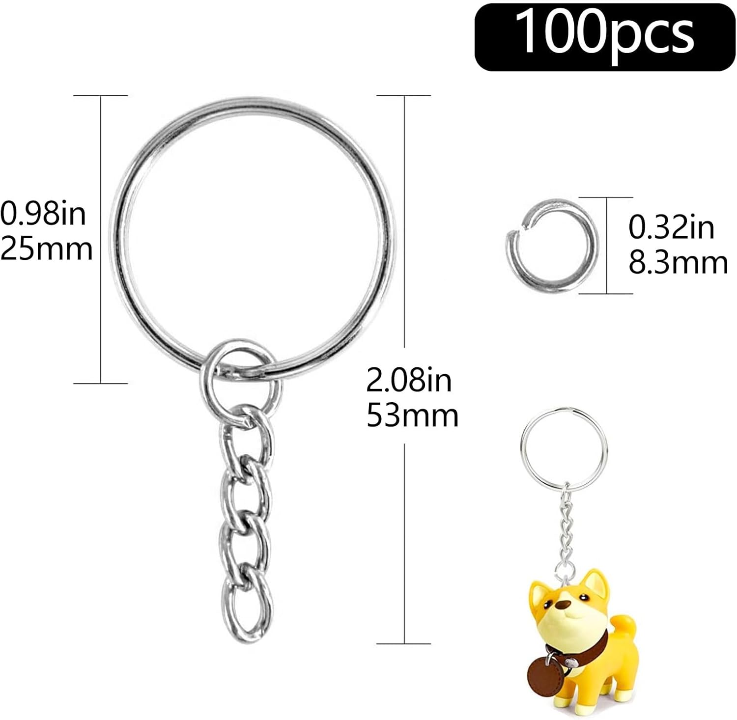 100 Pack Metal Keychains,1 Inch Split Key Chain Rings with Chain and Open Jump Rings for Keychain Making and Crafts DIY — image 2