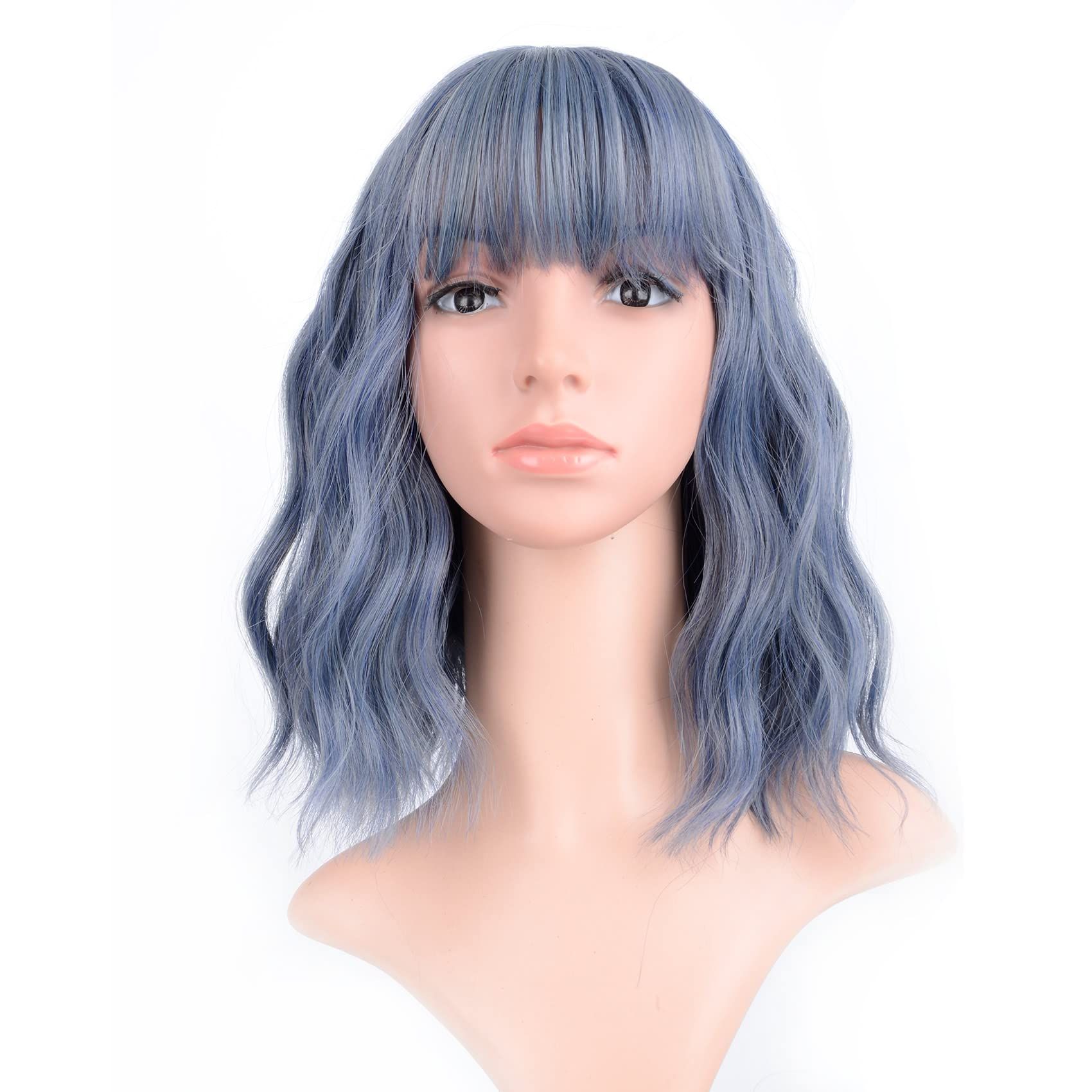 Short Shoulder Length Women's Short Wig Curly Wavy Synthetic Cosplay Wig Pastel for Girl Colorful Costume Wigs(14", Mix Blue)