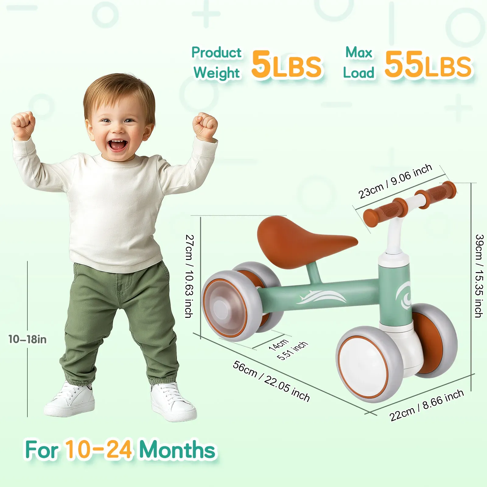 Green Baby Balance Bike with LED Lights, 4 Wheels, Lightweight Design for Toddlers โ image 4