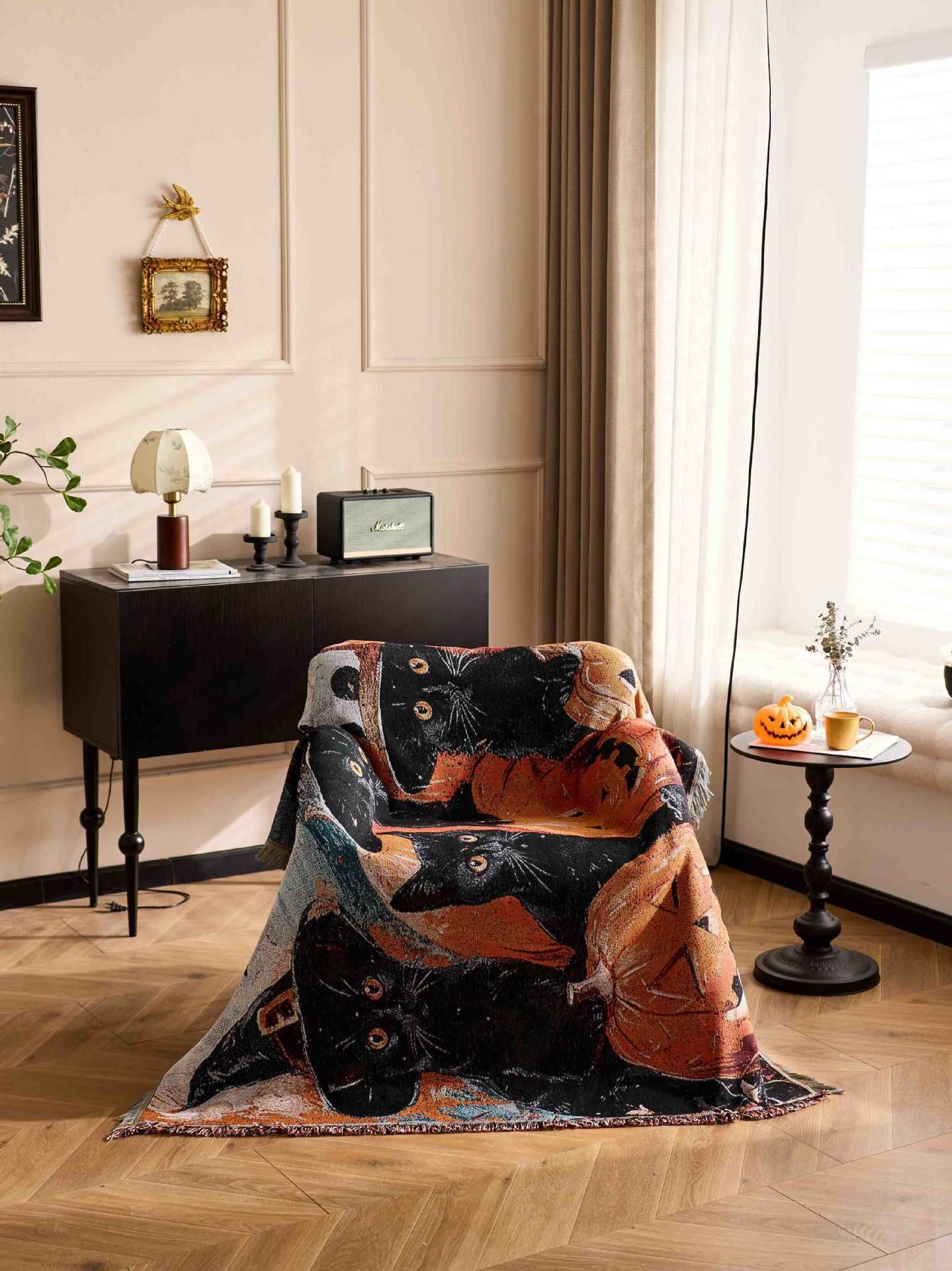 Soft Home Rest Throw Blanket, Christmas & Halloween Themed Decor Tapestry, Comfortable Lunch Break Blanket, Fairy‑tale Cat Swirl Print, 157x130cm — image 2