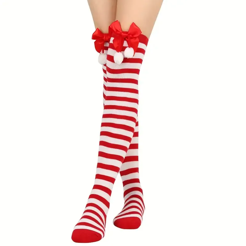 Christmas Over-the-Knee Socks, Handmade Polyester-Cotton Bows, Sweet & Warm Holiday Outfit. 4-Pack A01 Combo Set โ image 4