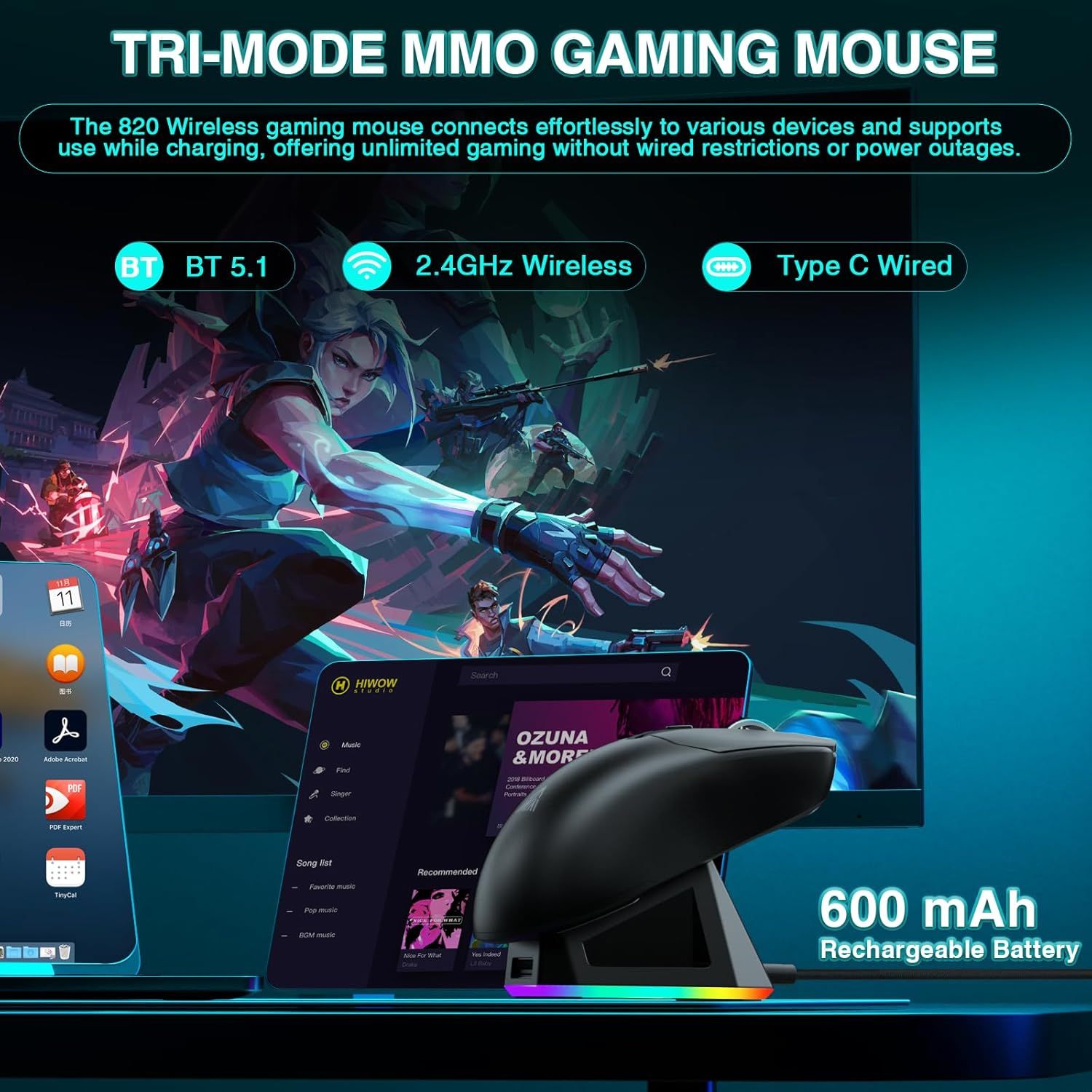 SOLAKAKA SM820 Wireless Gaming Mouse with RGB Charging Dock,24000 DPI Tri-Modes Wireless Mouse,black — image 4