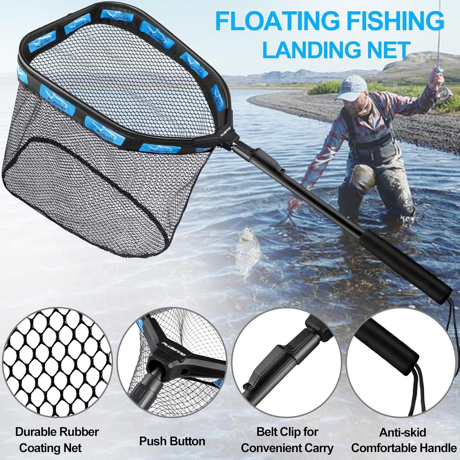 Floating Folding Fishing Landing Net, Rubber Coated Net with Fixed or Telescopic Handle for Kayak, Fly, Trout, Salmon and Bass Fishing — image 2