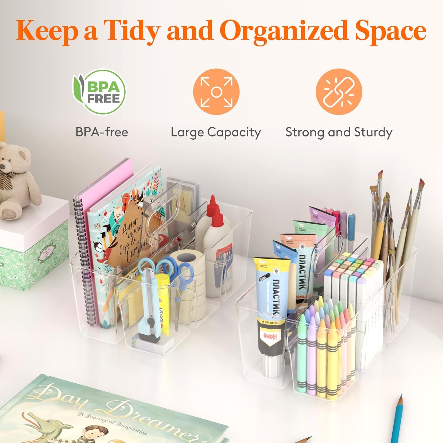 2 Pcs Plastic Caddy Organizer with Handle, Portable Art Supply Storage for Craft Supplies, Cosmetics, Holds Pencil, Crayon, Brhes, Hair Product, Dorm Shower — image 2