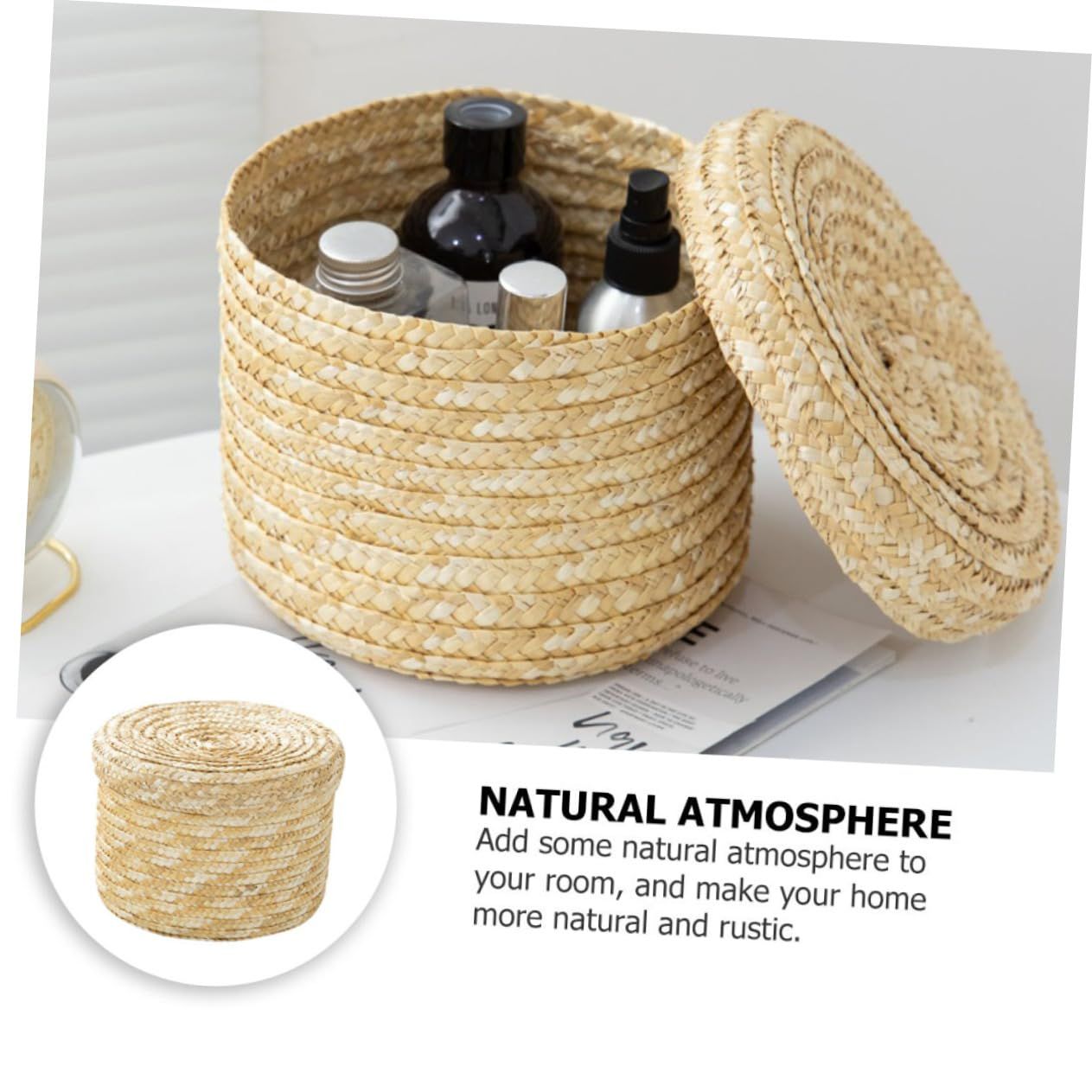 1Pc Handmade Straw Woven Storage Basket Lid Snack Organizer Storage Laundry Baskets Rattan Flower Basket Box Storage(22x22x17cm) โ image 4