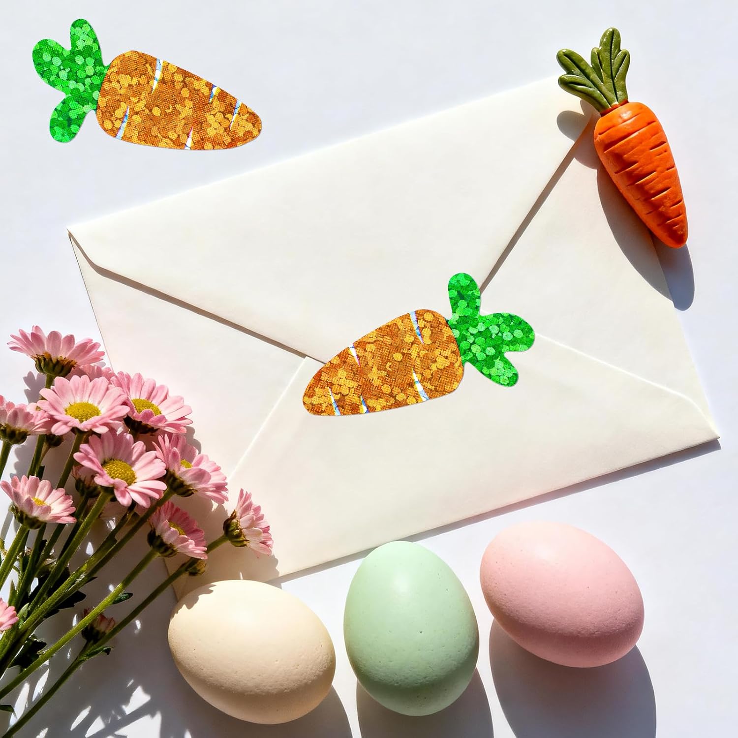 Easter Carrot Stickers - 500Pcs 1.2 × 0.4'' Carrot Shape Stickers Holographic Carrots Sticker Roll Self Adhesive Happy Easter Sticker for Egg Basket Envelope — image 6