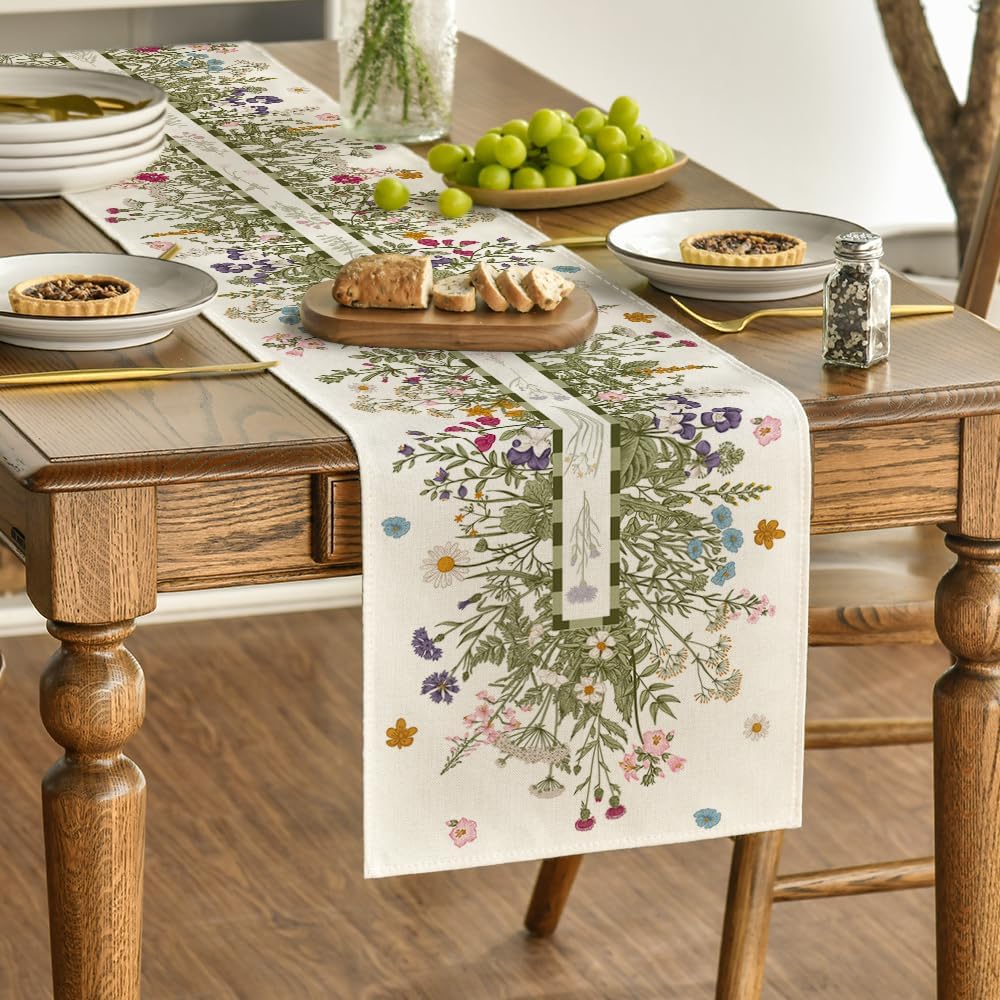 Vintage Wildflowers Daisy Spring Table Runner,Seasonal Summer Floral Kitchen Dining Table Decoration for Home Party Decor 13x72 Inch — image 3