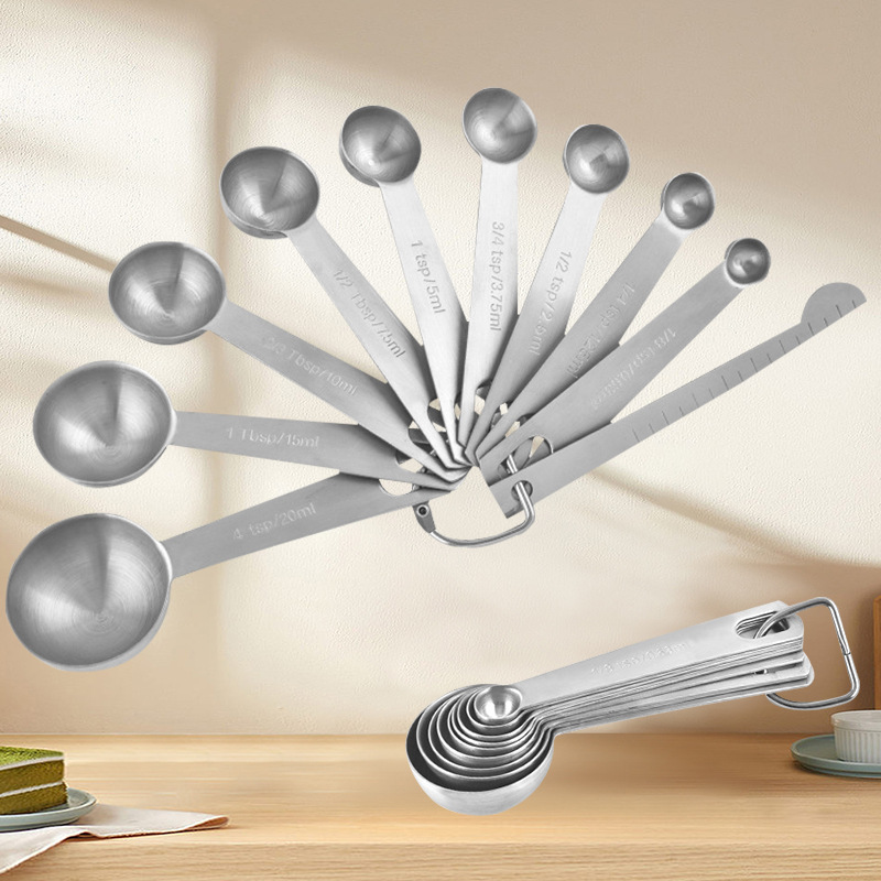 10 Pieces Stainless Steel Measuring Spoon Set with Tablespoon and Teaspoon Measures for Baking, Coffee, Spices and Everyday Cooking, Silver