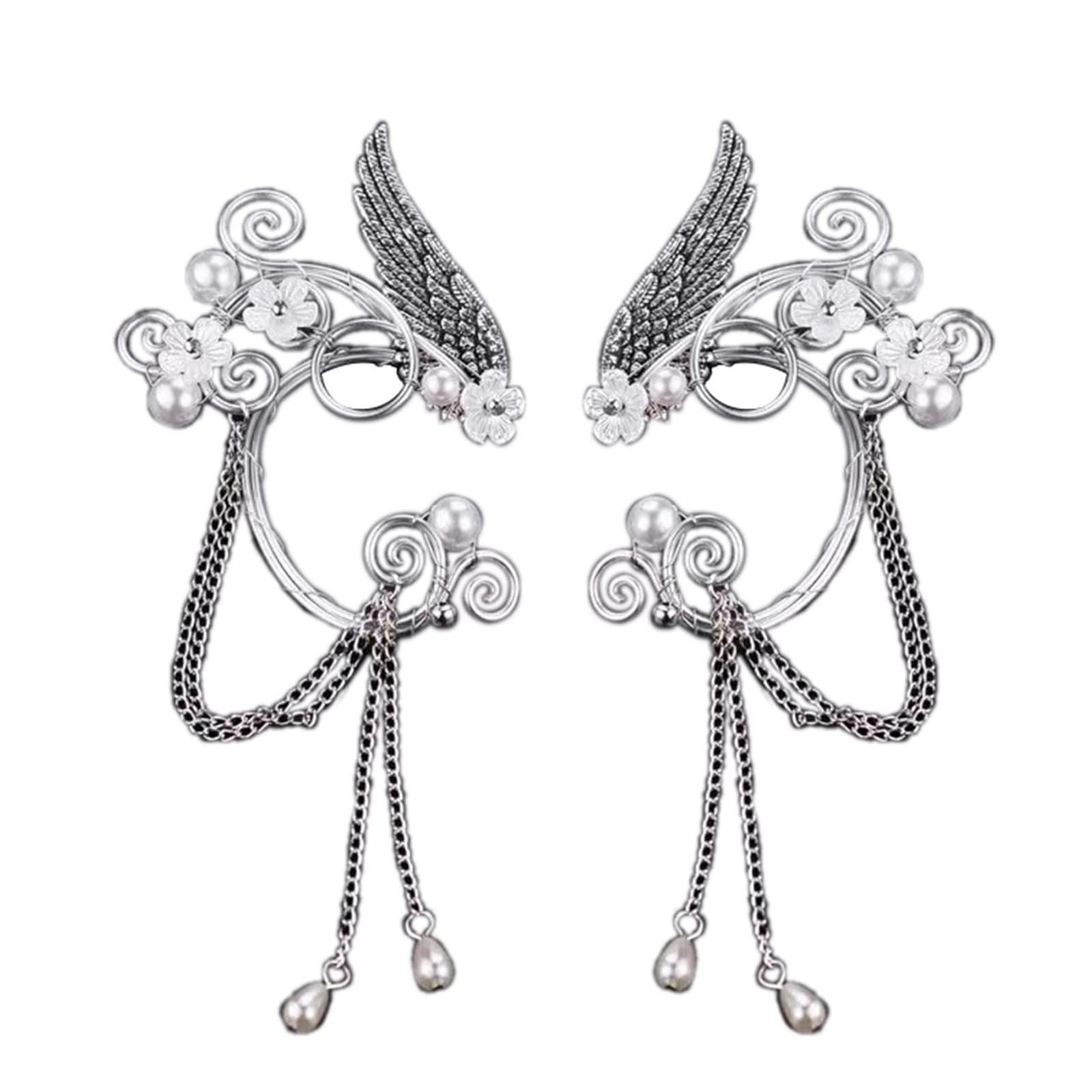 Handmade Nonpierced Elf Fairy Ear Cuff Wrap Earring Celtic Elven Flower Faux Pearl Bead Wing Chain Tassel Clip-On Earring