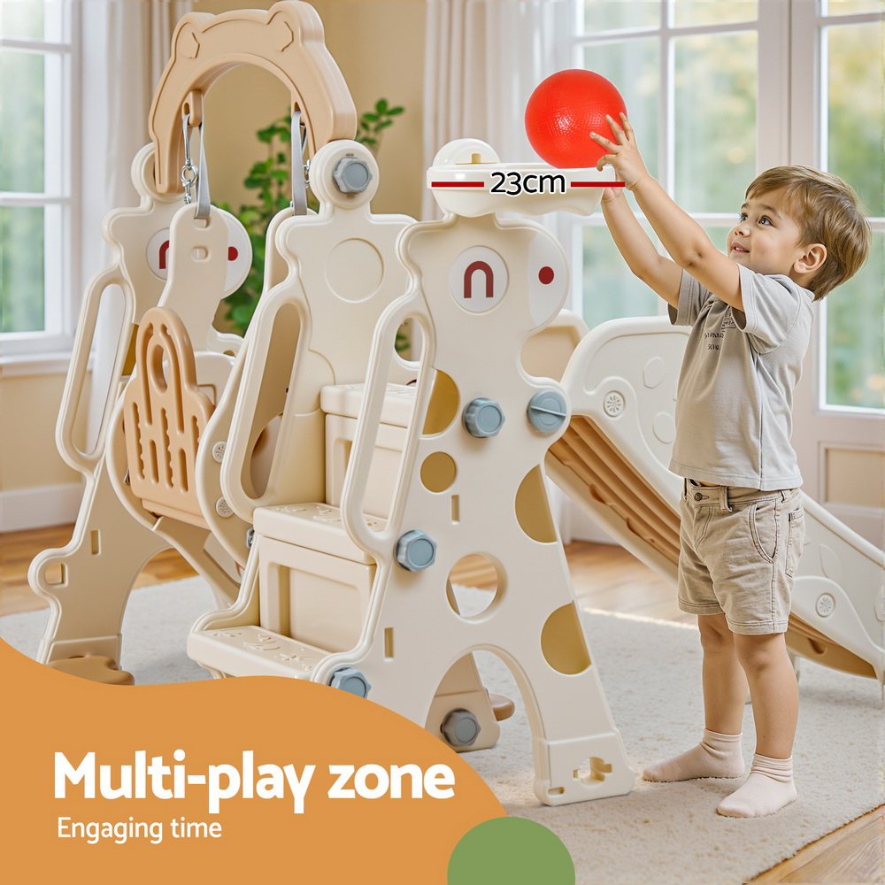 Keezi Kids Slide Swing Set Basketball Hoop Outdoor Playground Toys 160cm Beige — image 5