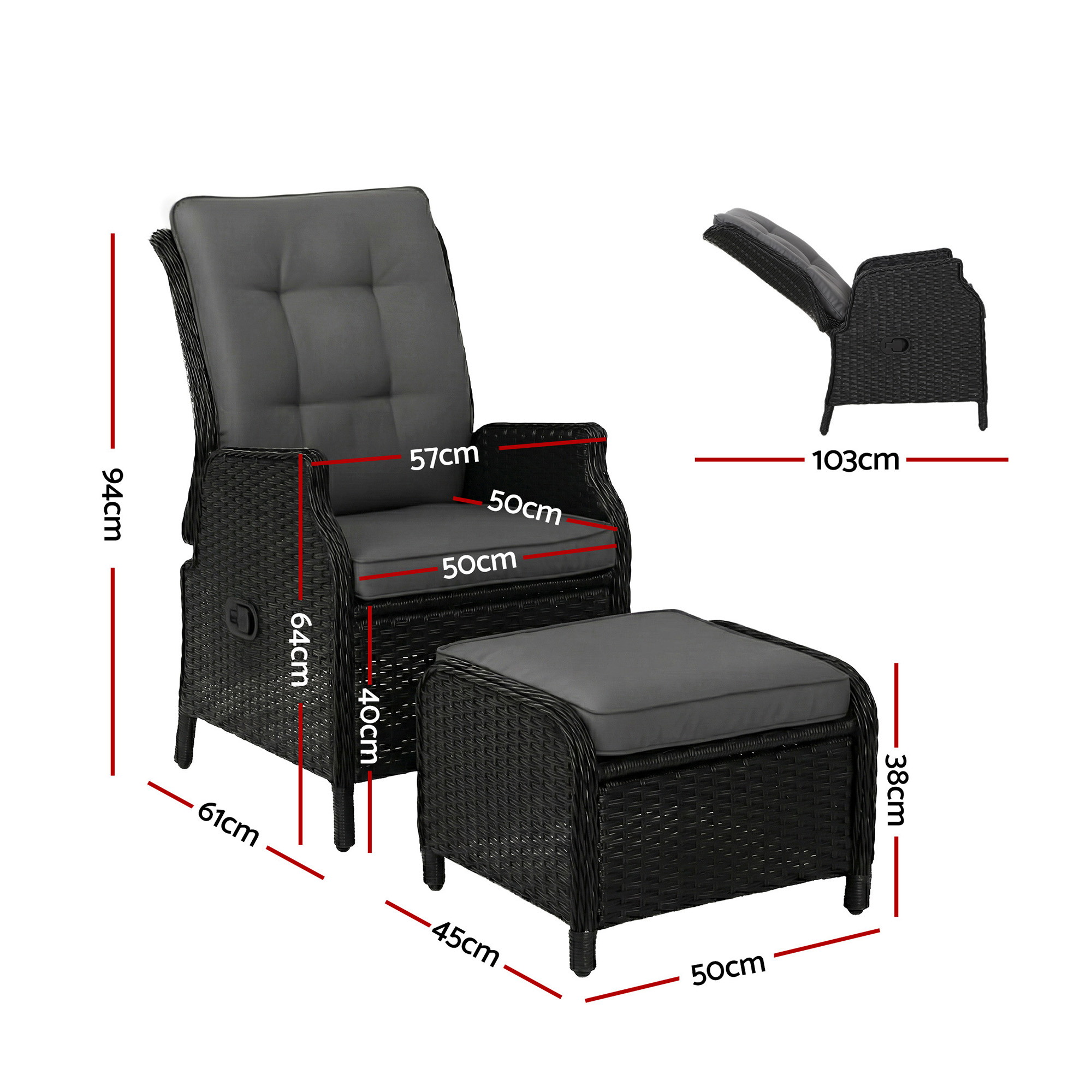 Gardeon Recliner Chair Sun lounge Wicker Lounger Outdoor Furniture Patio Adjustable Black — image 3