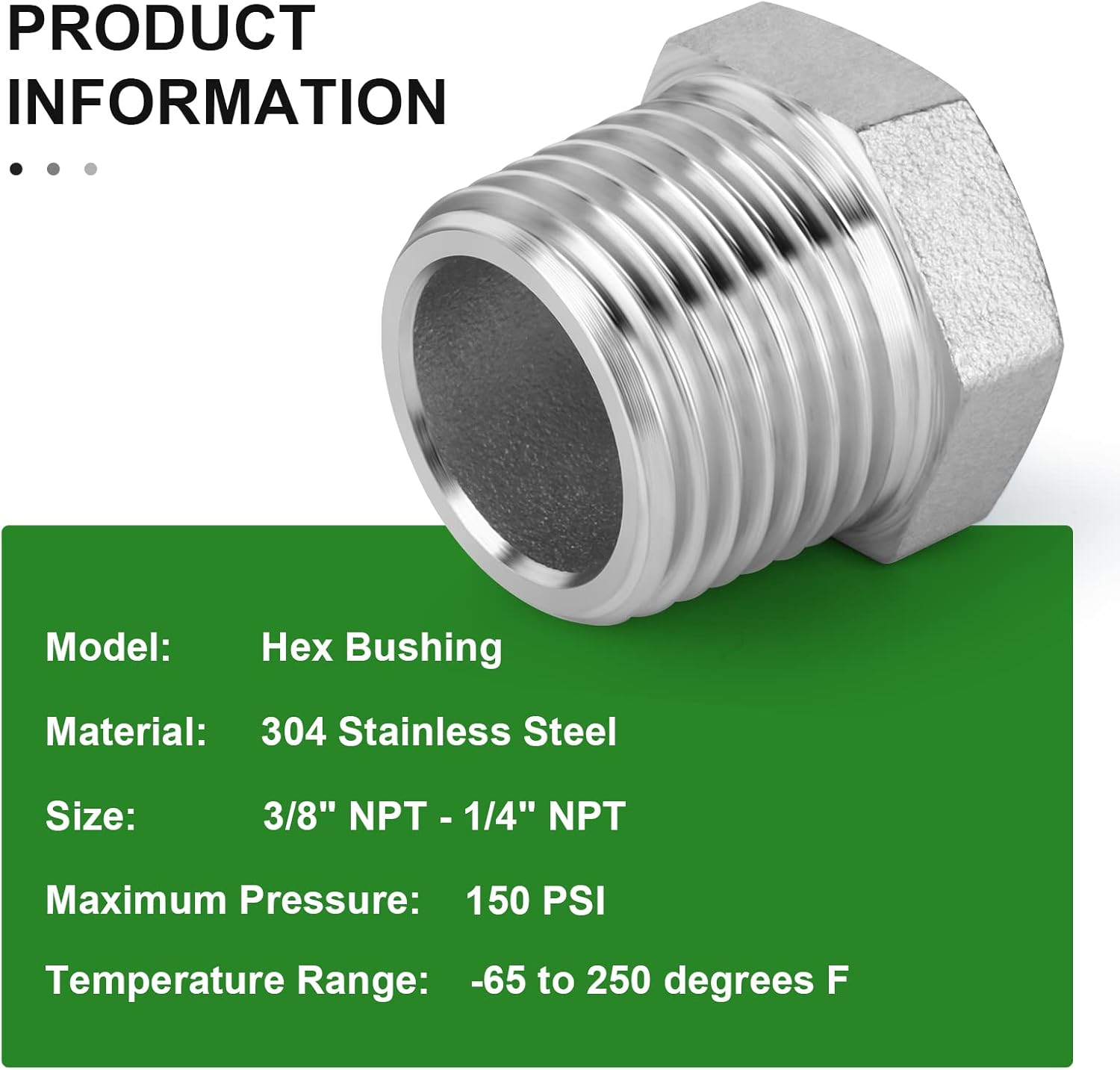 10PCS 304 Stainless Steel Reducer Hex Bushing, 3/8" NPT Male x 1/4" NPT Female, Reducing Pipe Adapter Fitting โ image 6