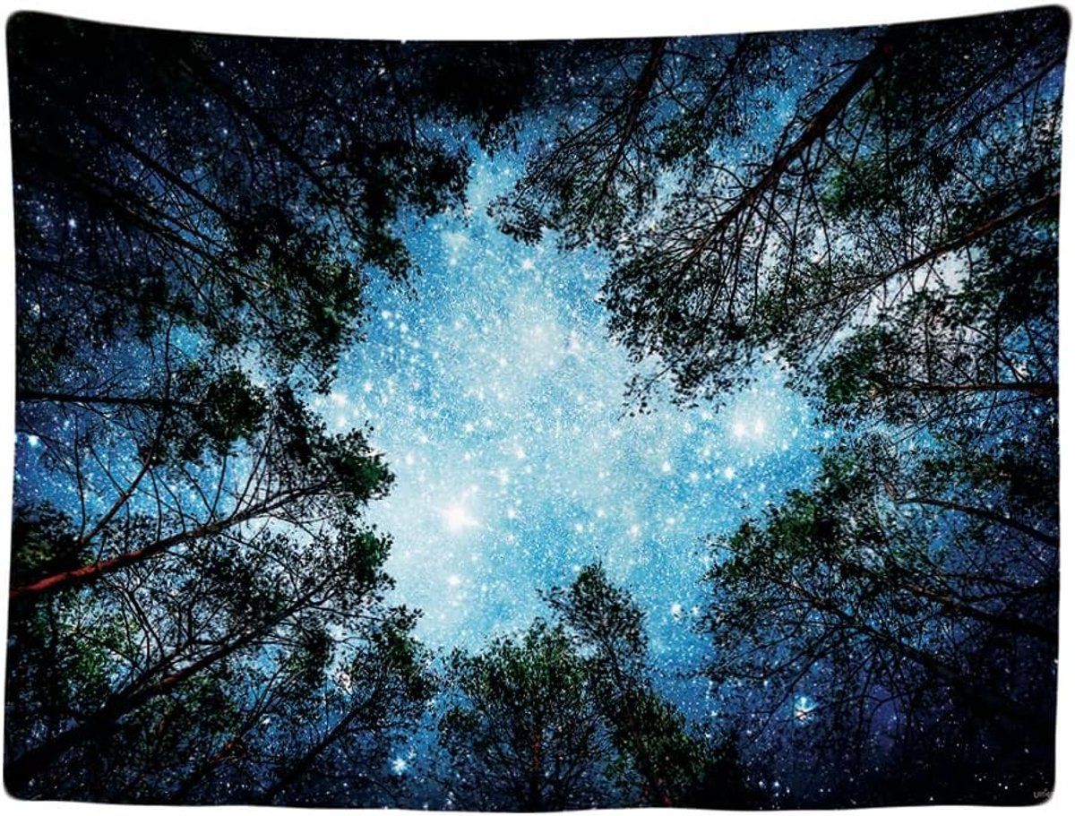 Starry Forest Night Sky Wall Tapestry, Blue Space-Themed Wall Hanging, 200 x 150 cm