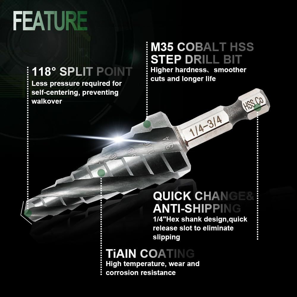Four Spiral Flute Cobalt Step Drill Bit Impact Ready Unibit Step Drill Bit, Hex Shank Step Bits for Metal, Aluminum, Wood โ image 5