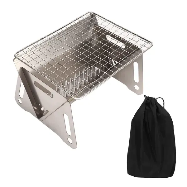 1 Piece Foldable Charcoal BBQ Grill, Heat-Resistant Stainless Steel Camping Grill with Ventilation Holes, Silver, 20 x 15 cm