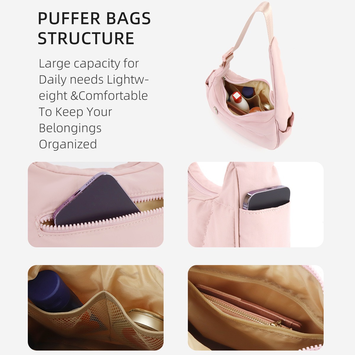 Black Trendy Nylon Puffer Shoulder Bag for Women - Lightweight Large Capacity Underarm Tote — image 2