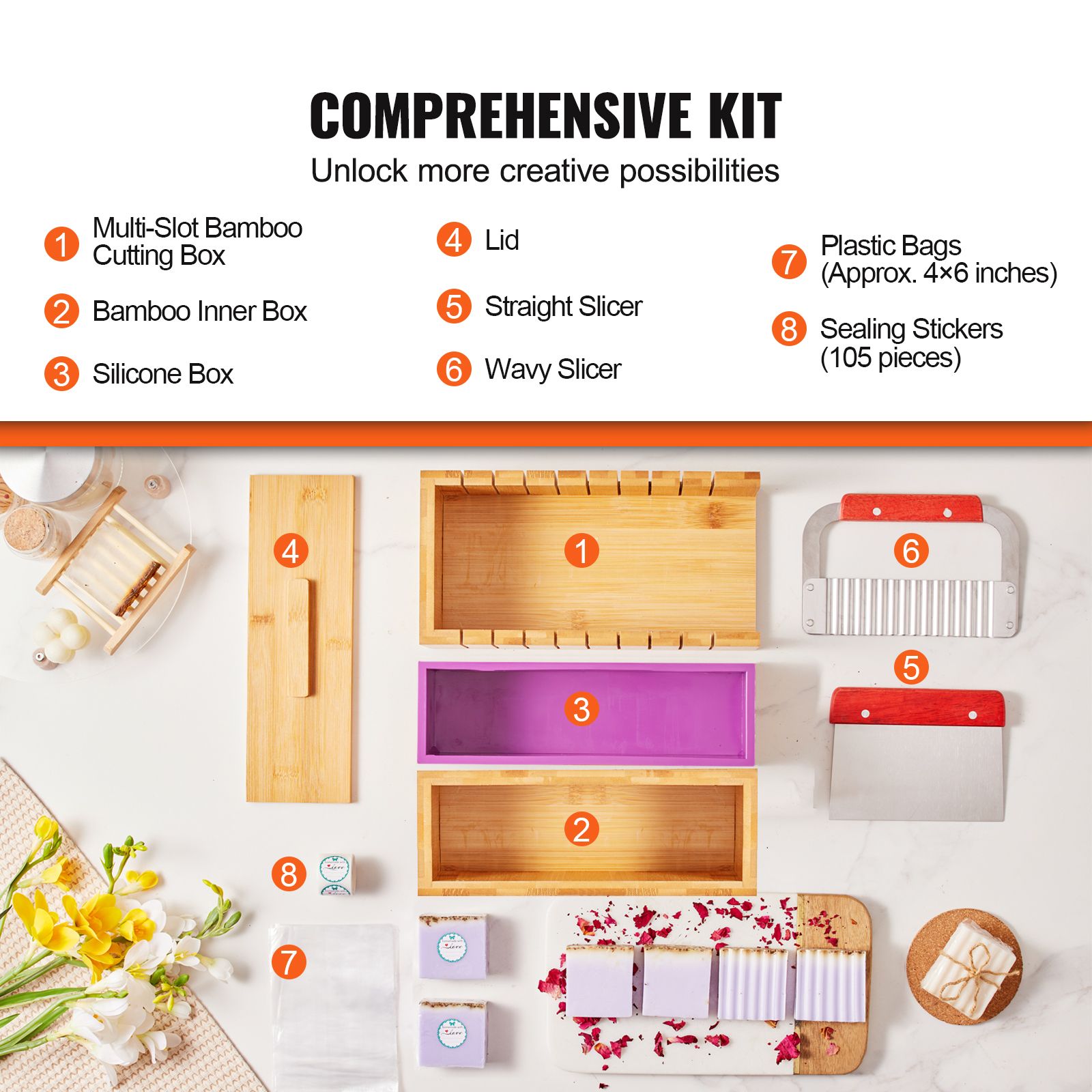 Soap Making Kit, Bamboo Cutting Box and Inner Box with Silicone Mold, Stainless Steel Straight Cutter and Wavy Cutter, 100 Bags and 105 Stickers, Soap Making โ image 3