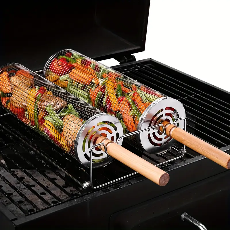2-Pack Stainless Steel Rotating Grill Baskets with Removable Wooden Handle – Durable 304 Mesh for Veggies, Prawns & More – Perfect for BBQ, Camping & Outdoor