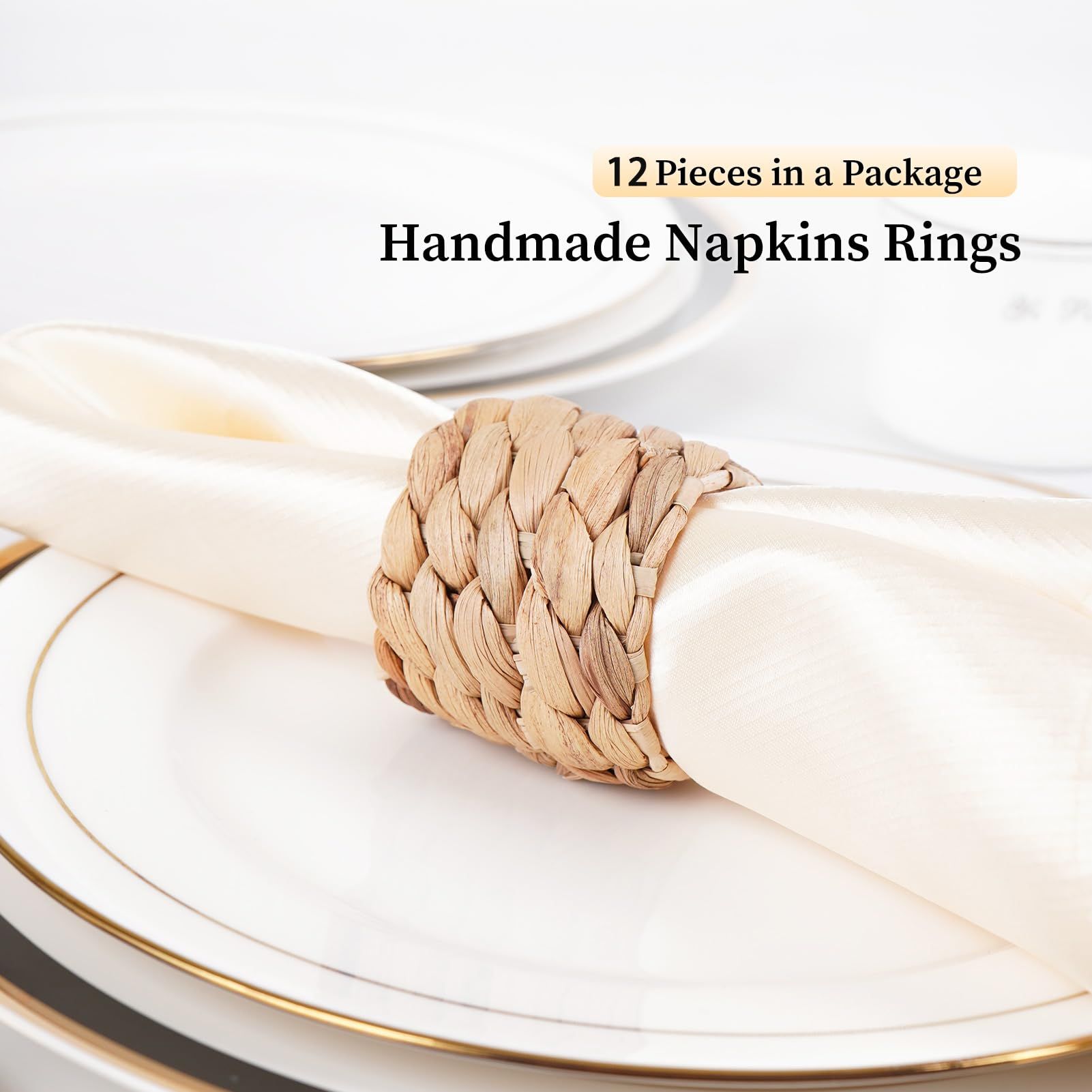 Rings Set of 12, Farmhouse Napkin Rings Table Decor Handmade by Natural Water Hyacinth, Fall Rustic Napkin Rings for Thanksgiving — image 2