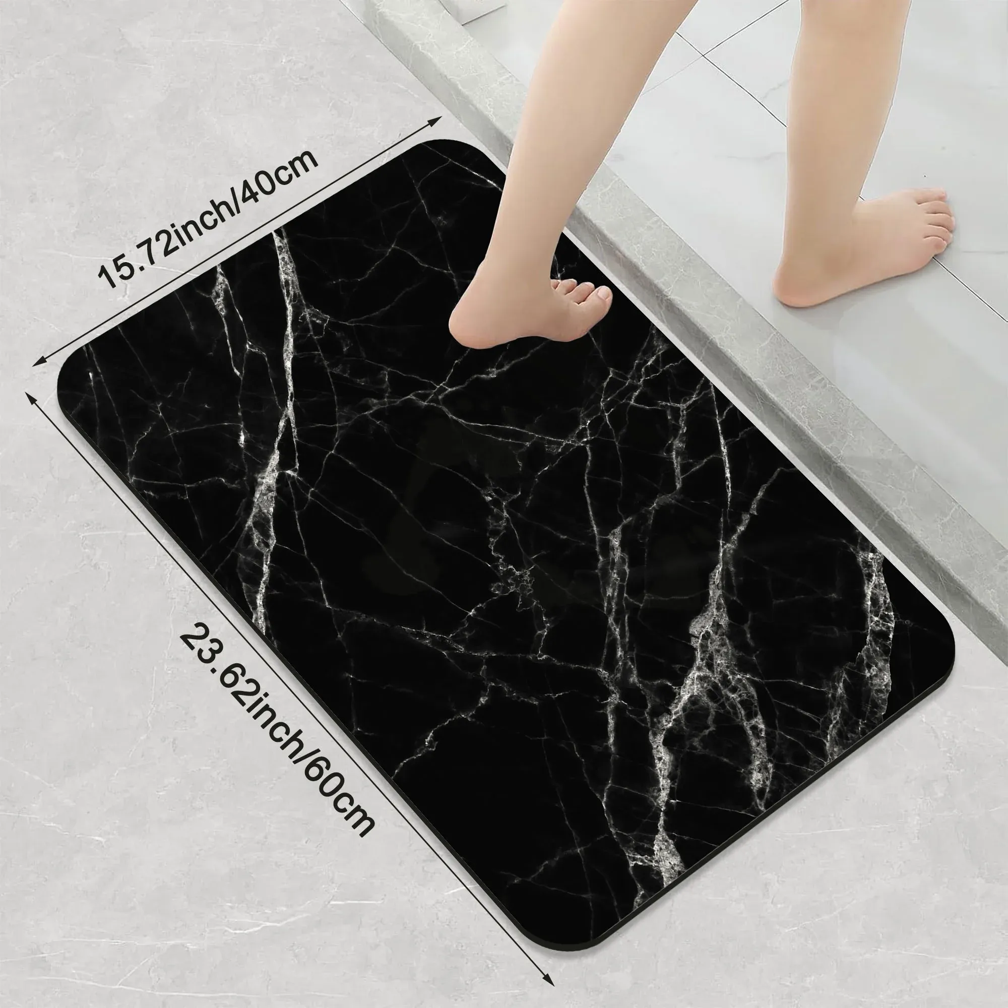 1 Piece Marble Texture Bathroom Rug, Non-Slip Quick Dry Bath Mat for Tub, Shower, Floor and Indoor Outdoor Use, Black — image 3