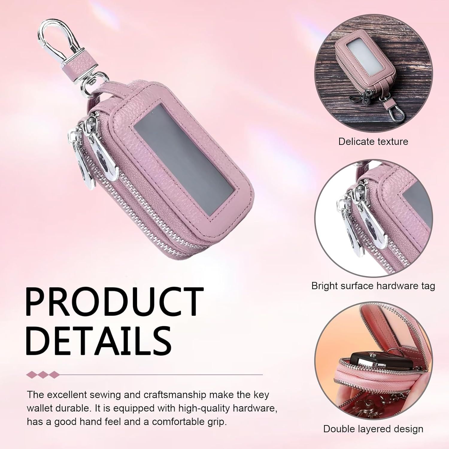 Car Key Fob Case, Double-layer Remote Key Storage Bag with Zipper Closure and Lanyard, for Men Women (Pink) — image 5