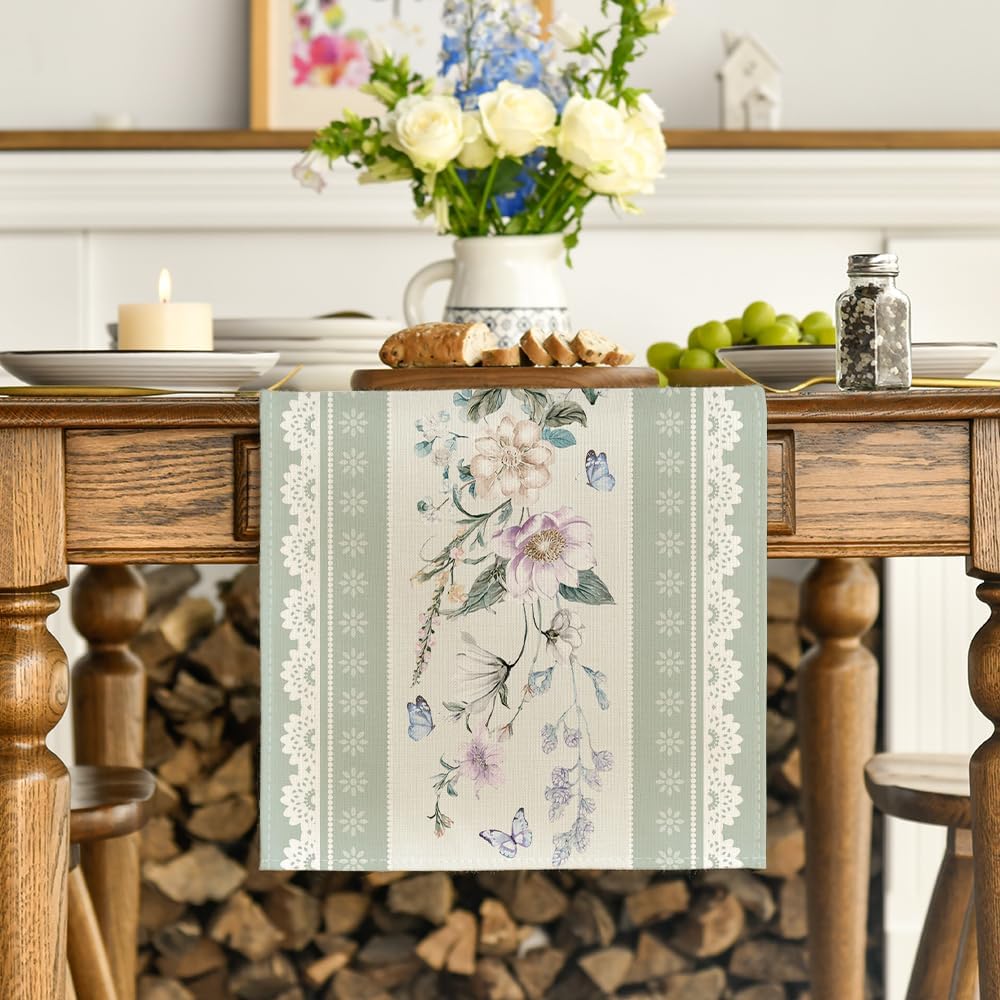 Green Printed Lace Floral 210 GSM Spring Table Runner, Seasonal Summer Kitchen Dining Table Decoration for Home Party Decor 13 × 72 Inch — image 2