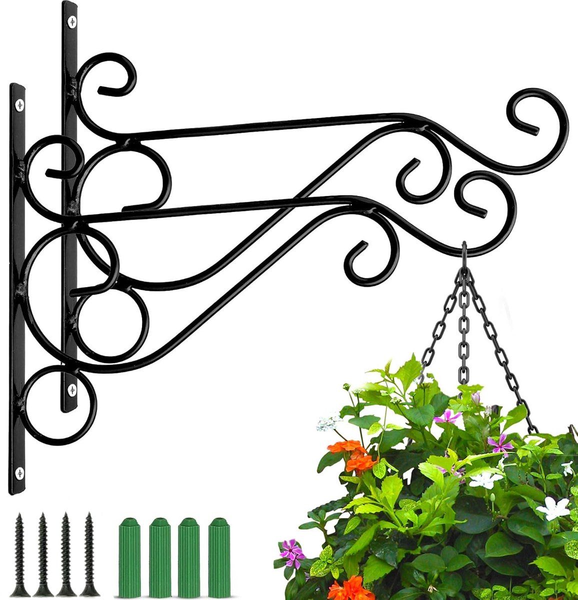 2 Pieces Wall Hook Plant Hook, black plant wall mount, metal brackets for indoor and outdoor use, lanterns and wind chimes Black